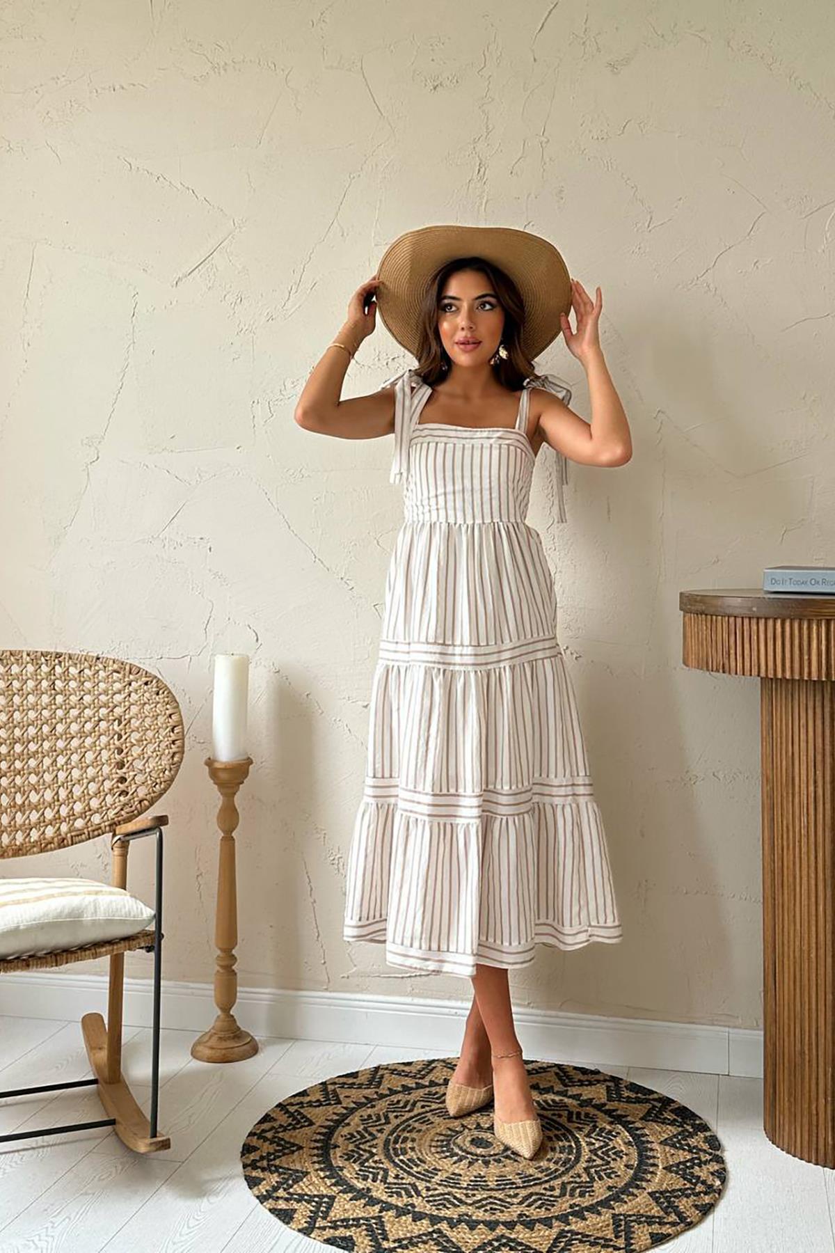 Toptan Bej Omuzdan Bağlamalı Çizgili Elbise