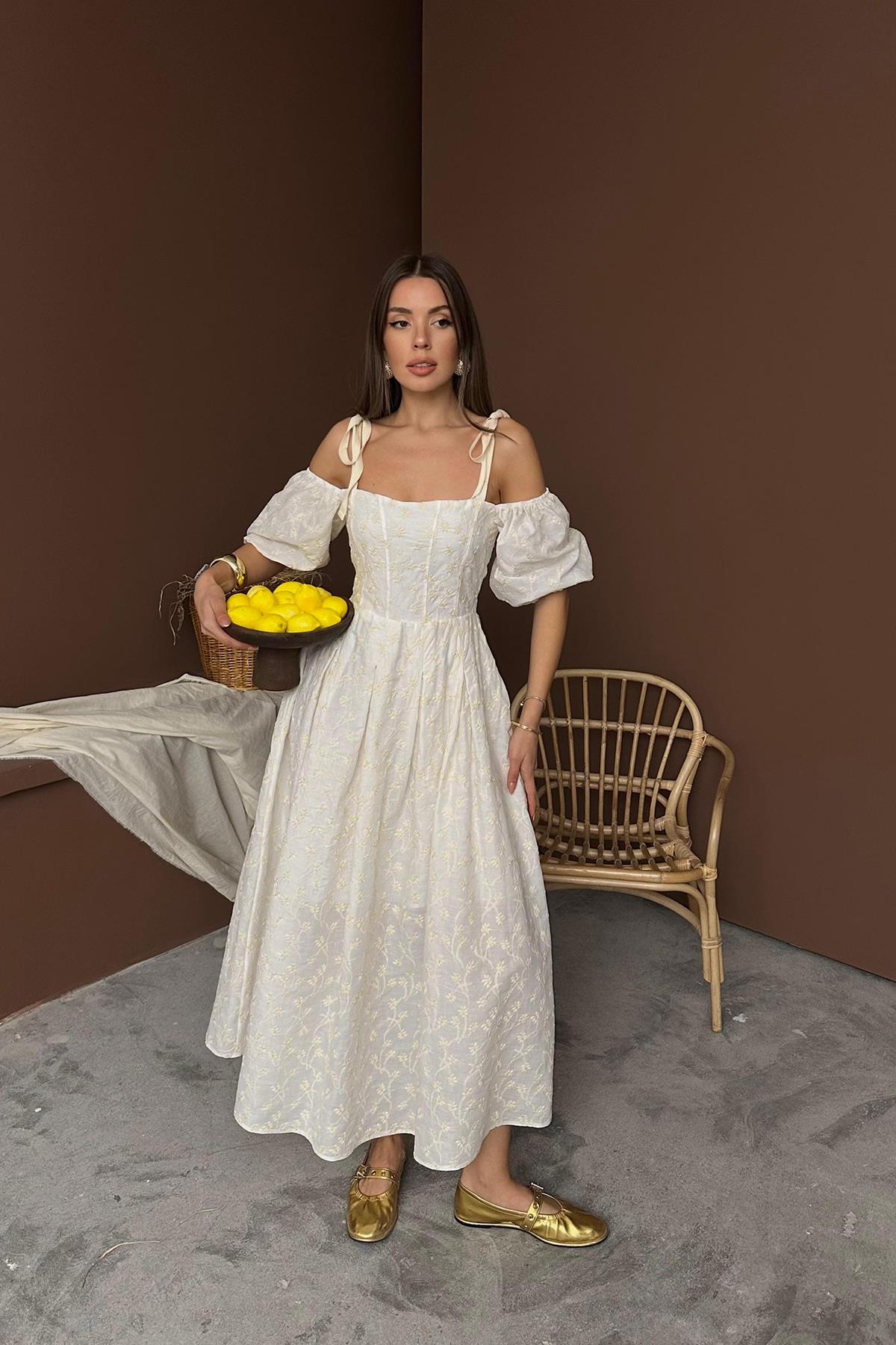 Toptan Bej Omuzu Bağcıklı Balon Kollu Brode Elbise Bej L