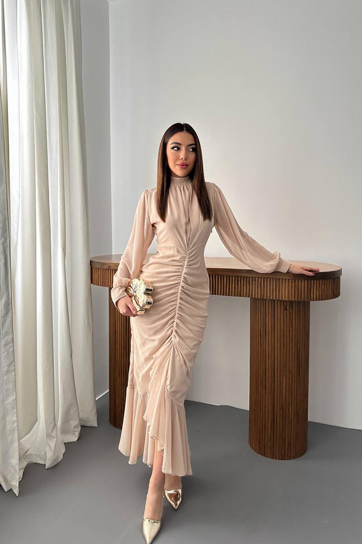 Toptan Bej Önü Büzgülü Şifon Elbise Bej L