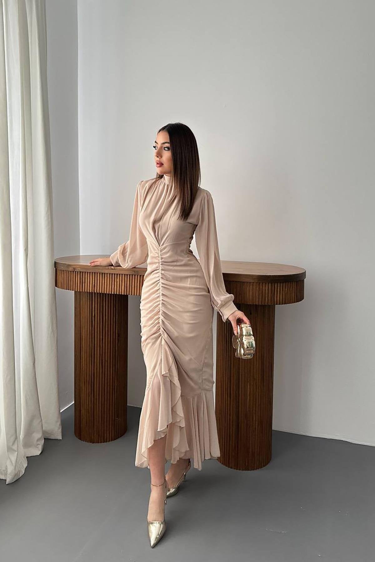 Toptan Bej Önü Büzgülü Şifon Elbise