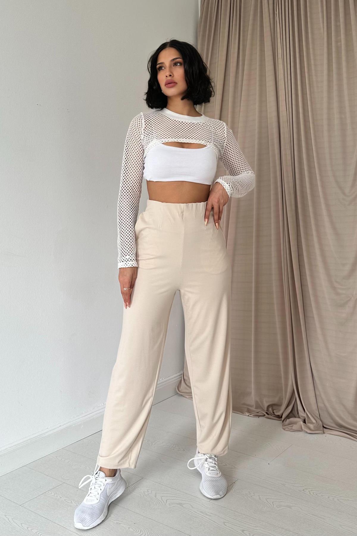 Toptan Bej Pensli Lastik Detaylı Pantolon Bej L