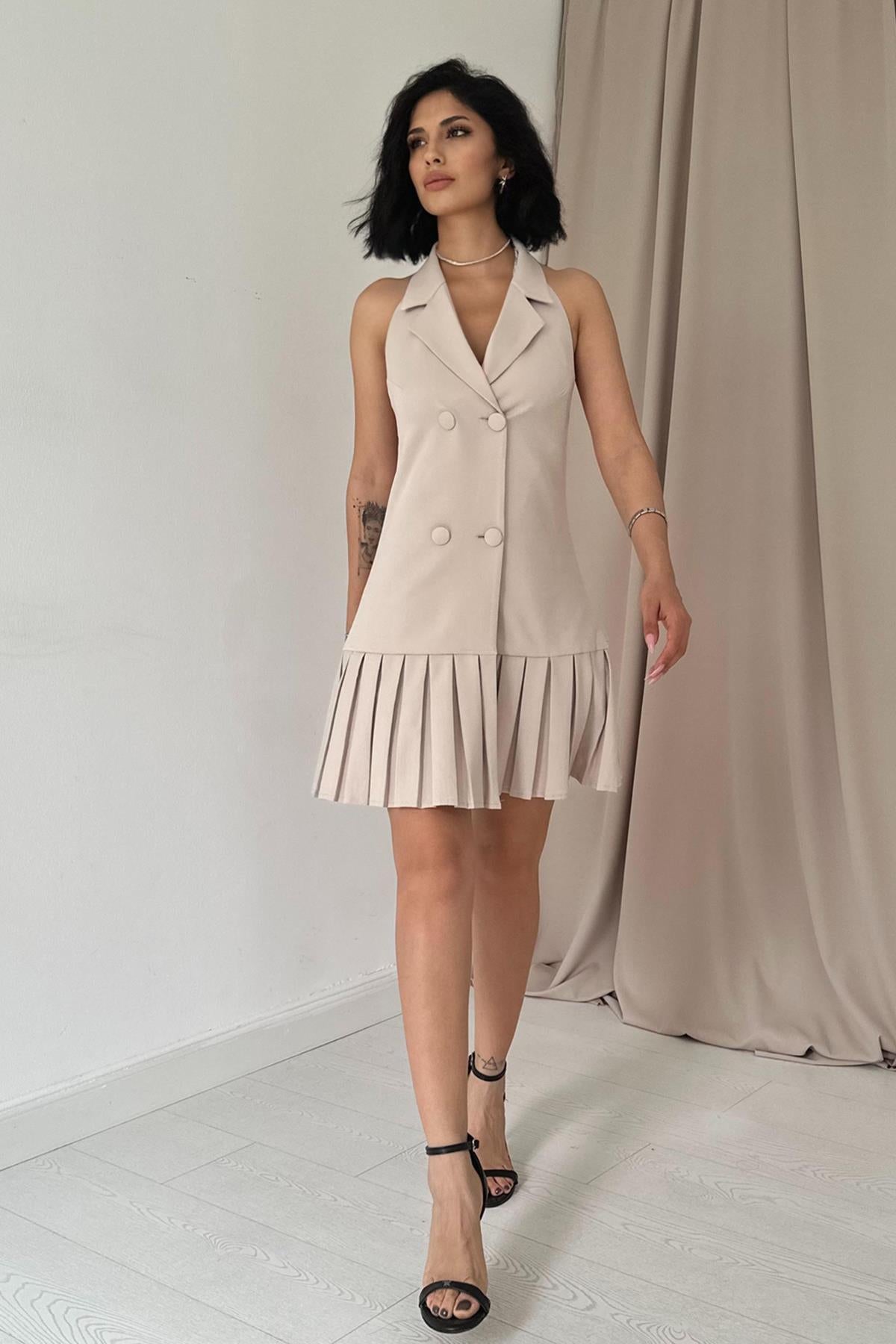 Toptan Bej Sırtı Açık Ceket Yakalı Elbise Bej L