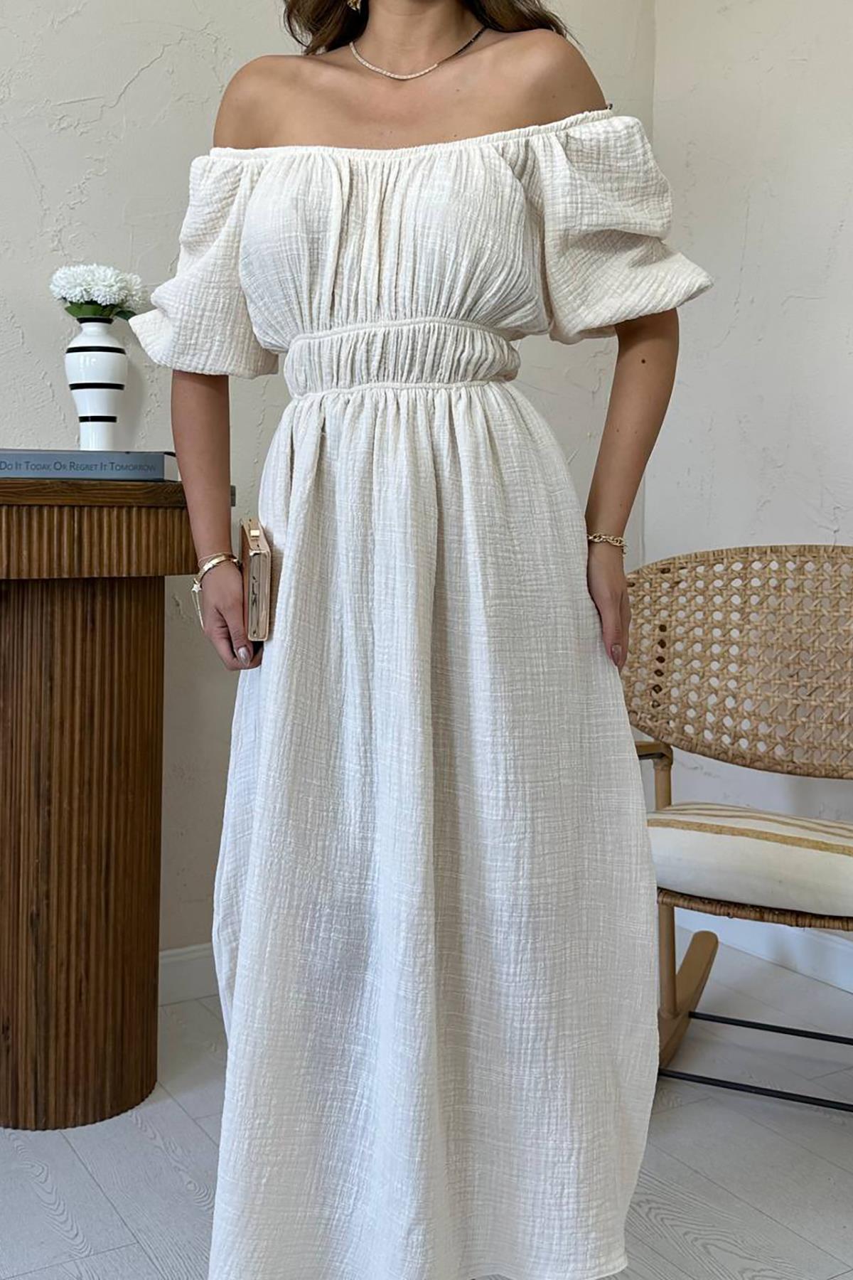 Toptan Bej Yakası Büzgülü Müslin Keten Elbise