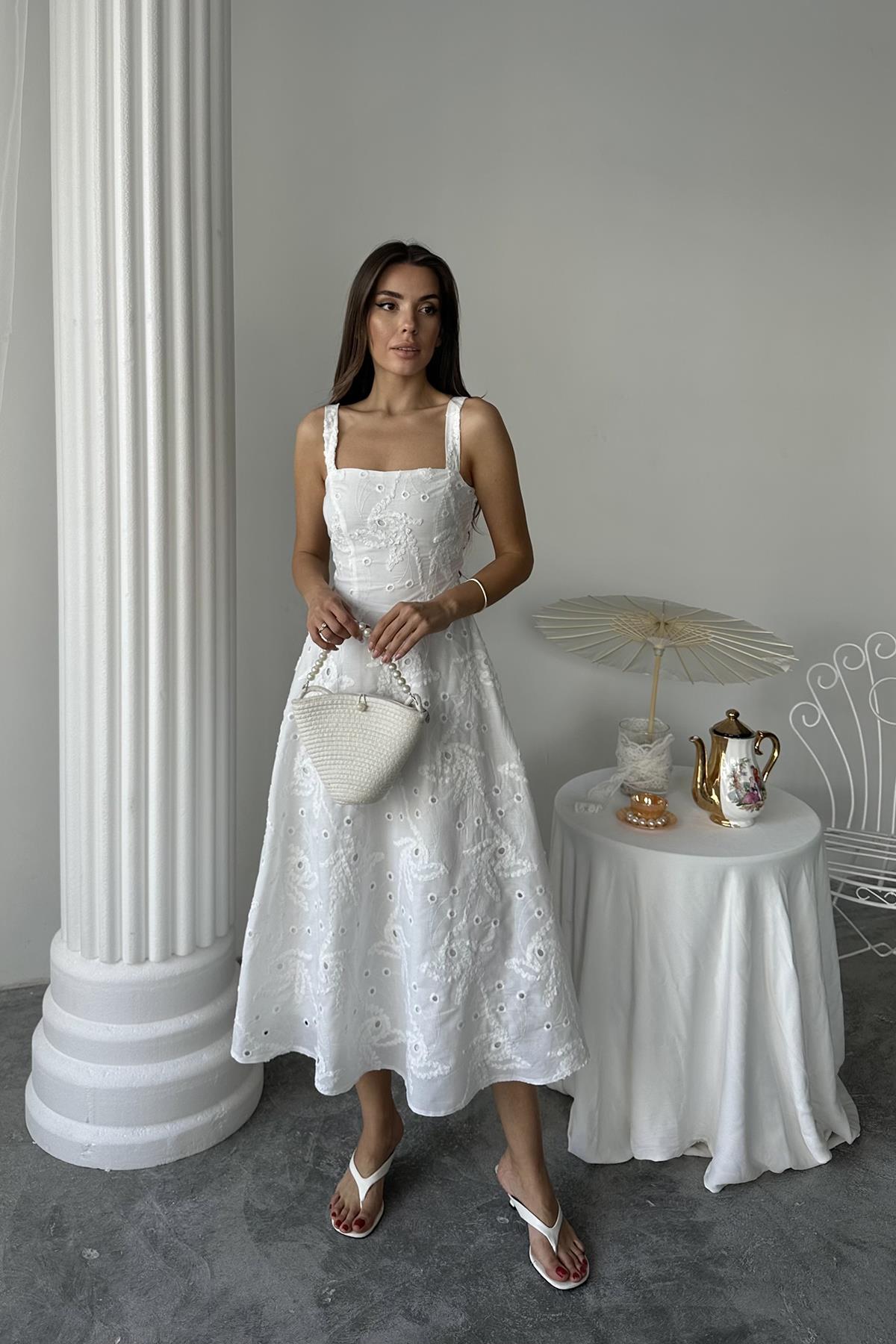 Toptan Beyaz Arkası Korse Detaylı Uzun Elbise Beyaz L