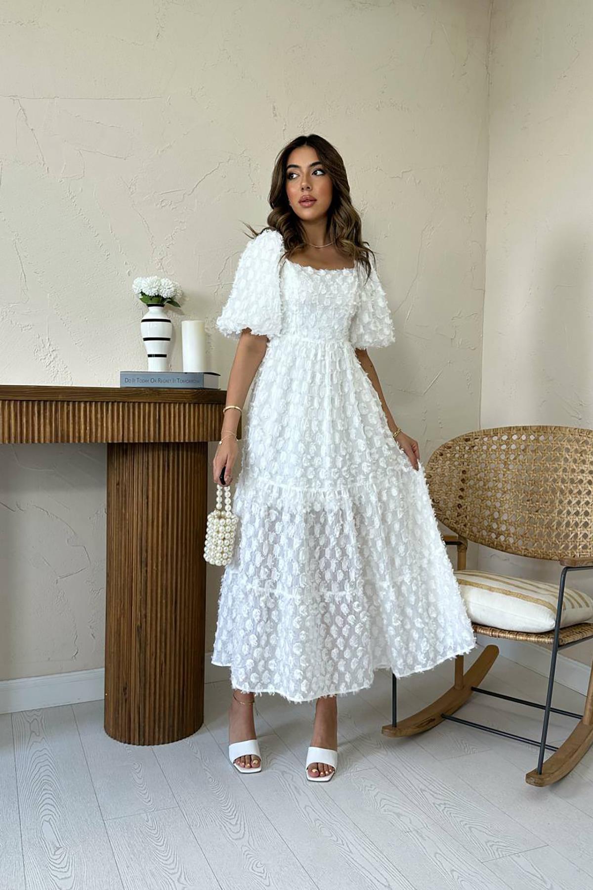 Toptan Beyaz Balon Kollu Fırfırlı Elbise Beyaz L