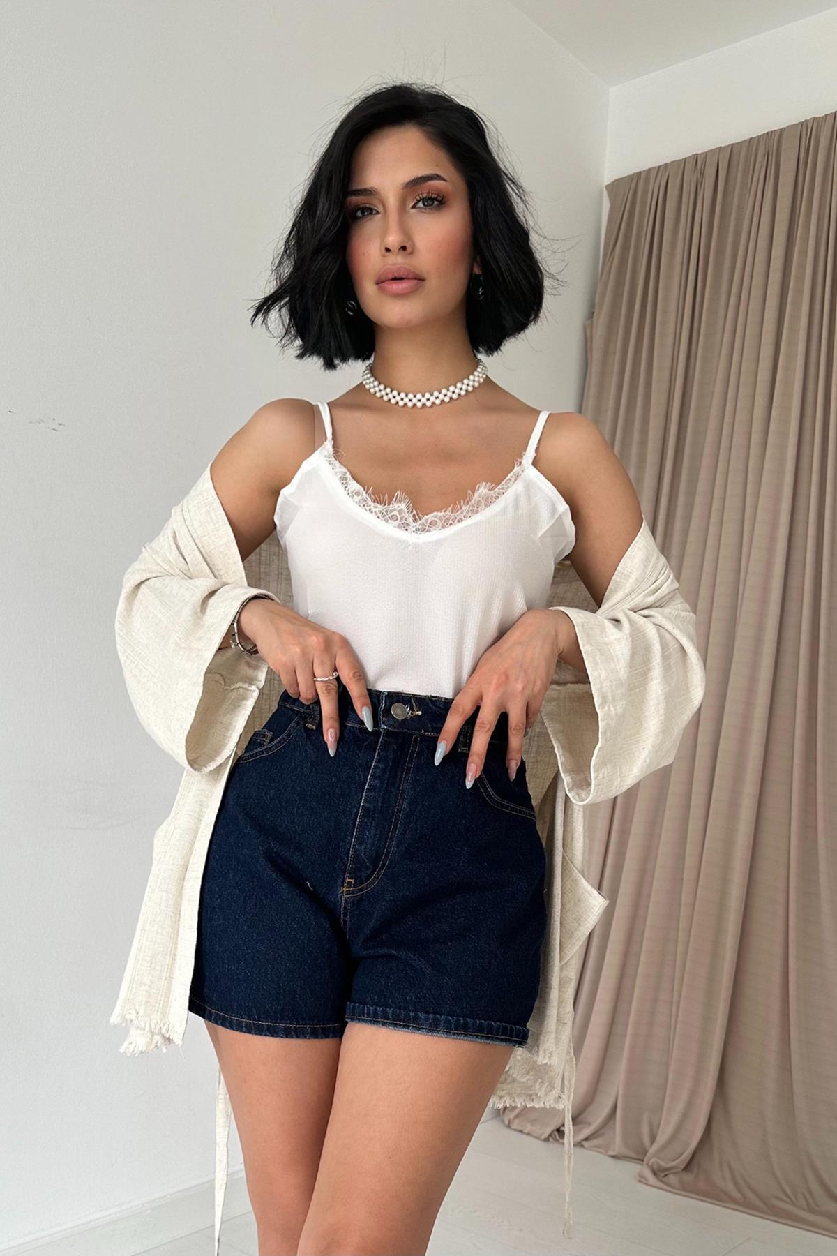 Toptan Beyaz Dantel Detaylı Atlet Beyaz L