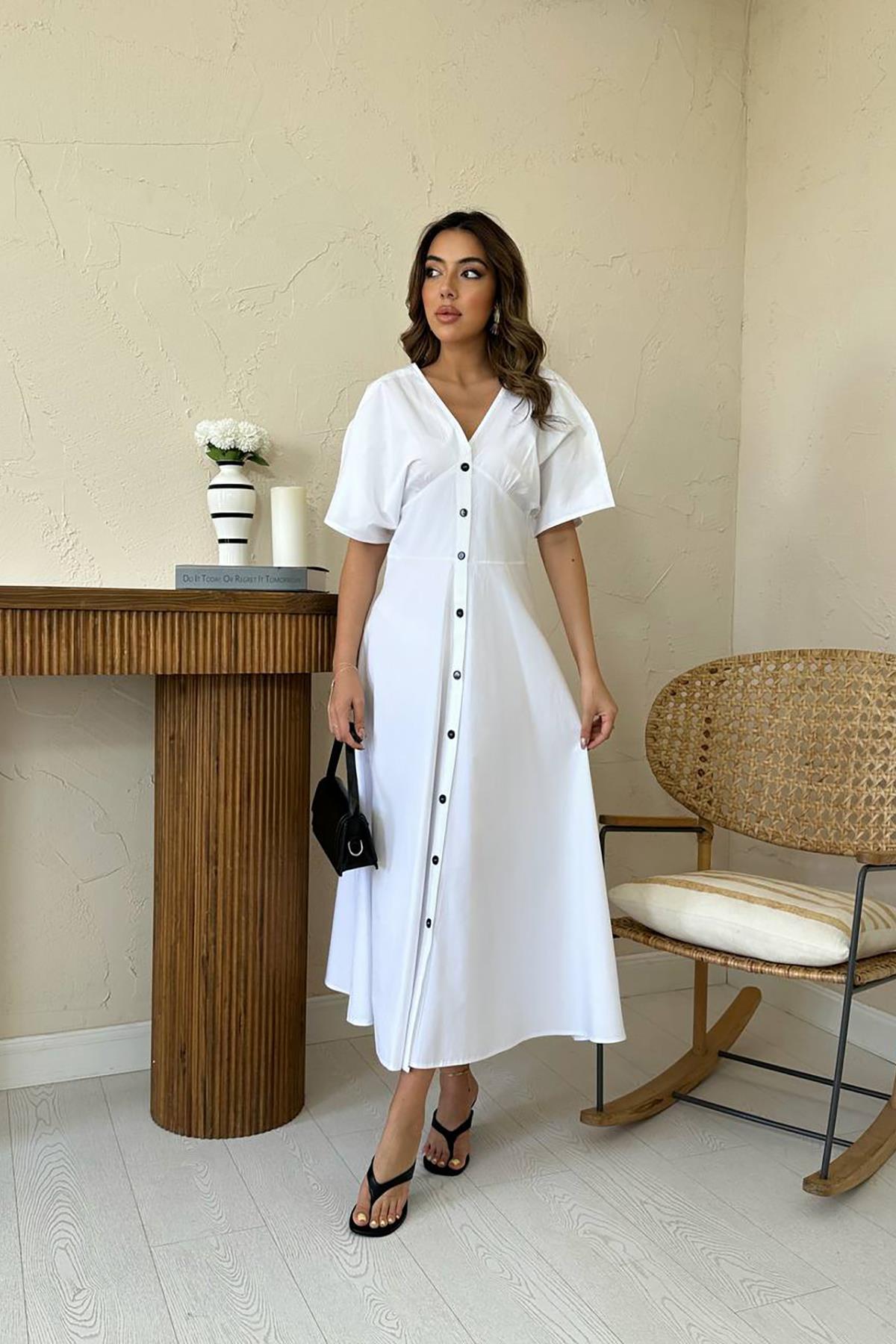 Toptan Beyaz Düğmeli Midi Boy Poplin Elbise Beyaz L