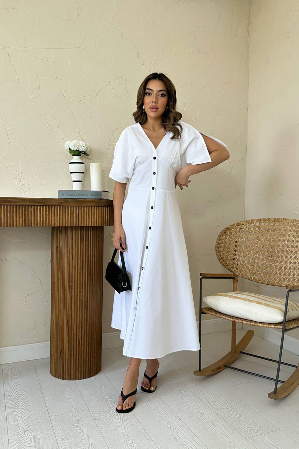 Toptan Beyaz Düğmeli Midi Boy Poplin Elbise