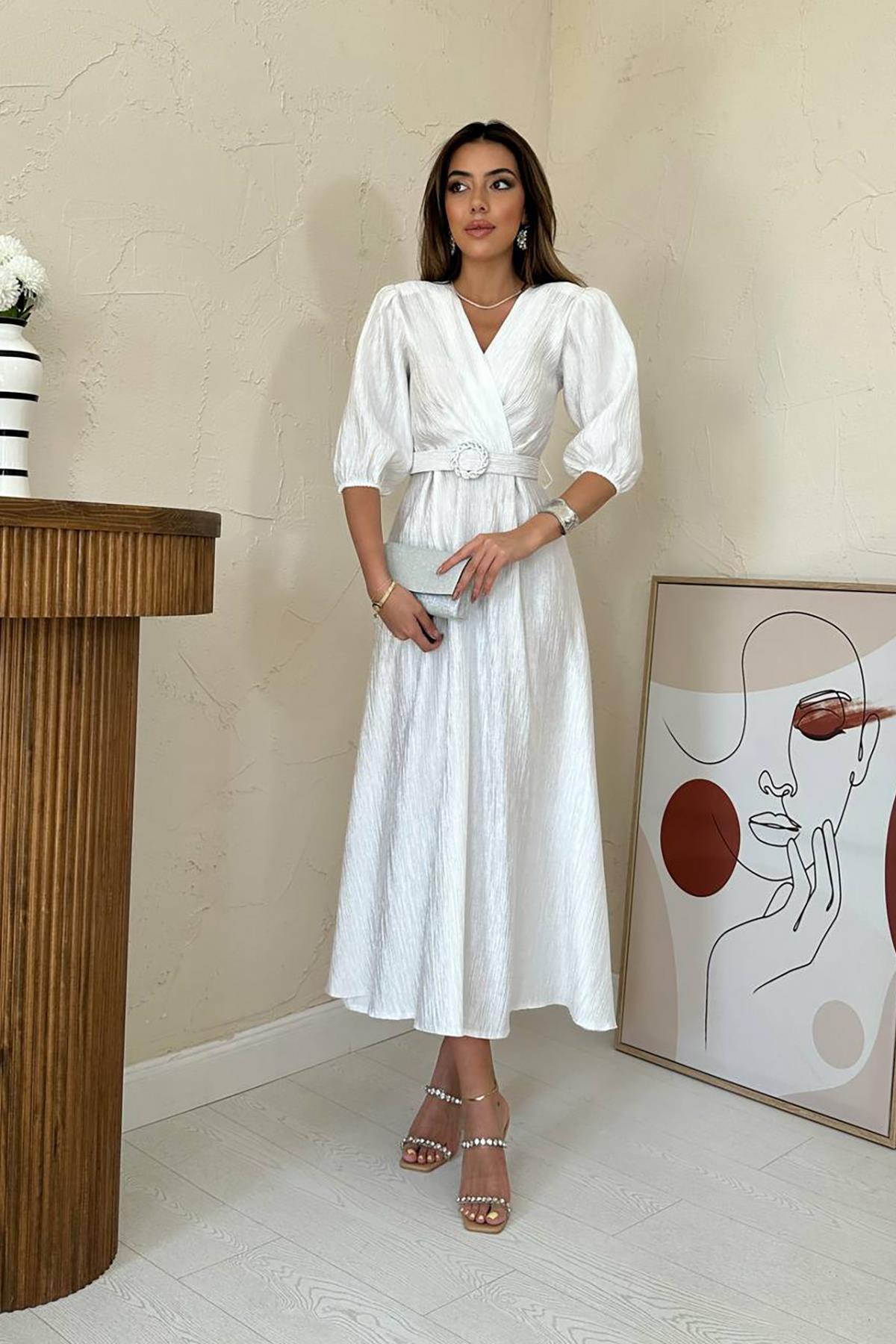 Toptan Beyaz Işıltılı Kemerli Kruvaze Elbise Beyaz L