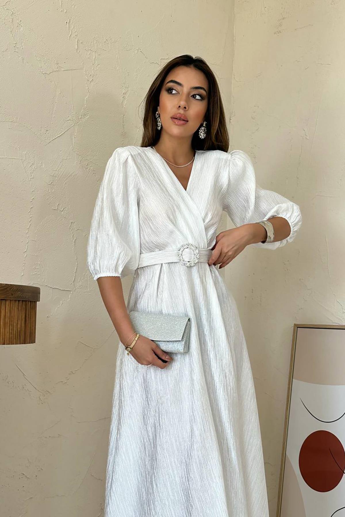 Toptan Beyaz Işıltılı Kemerli Kruvaze Elbise