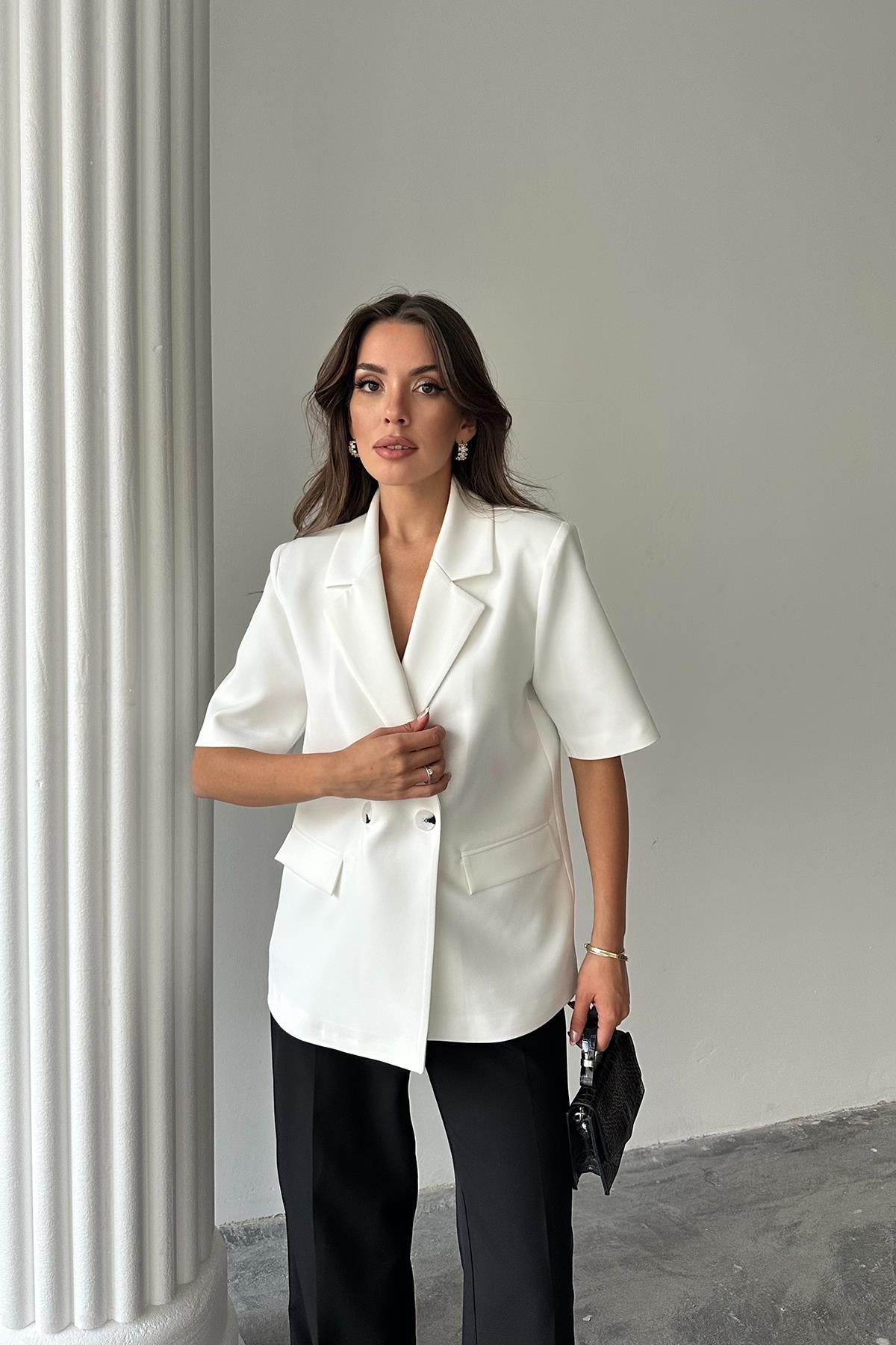 Toptan Beyaz Kısa Kollu Blazer Ceket