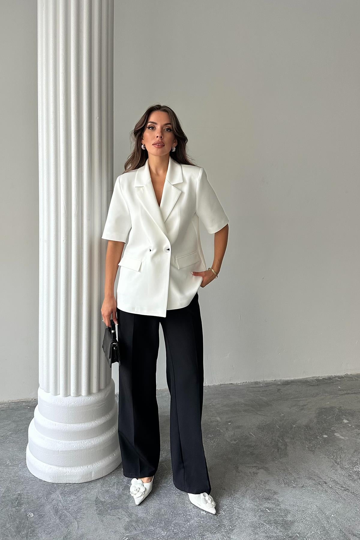 Toptan Beyaz Kısa Kollu Blazer Ceket Beyaz L