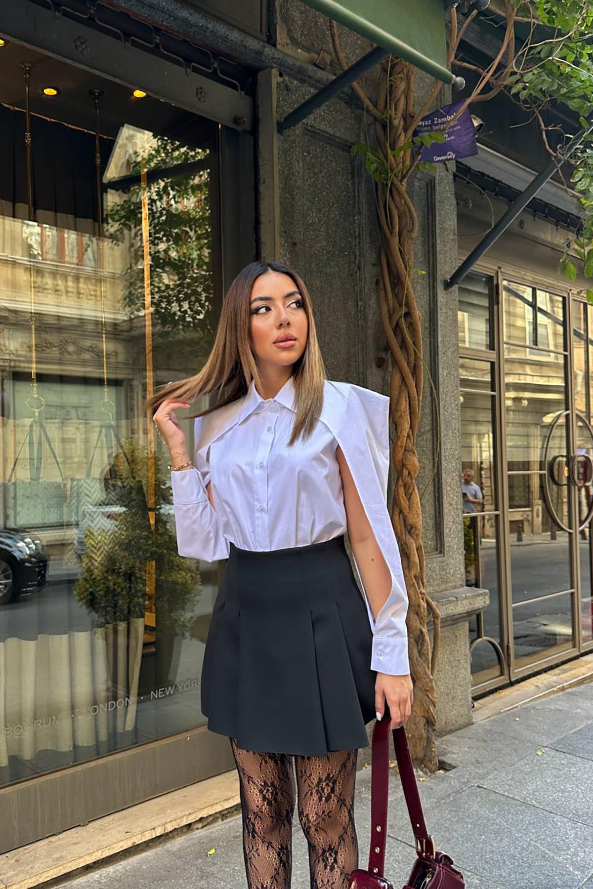 Toptan Beyaz Kol Detaylı Poplin Gömlek Beyaz L