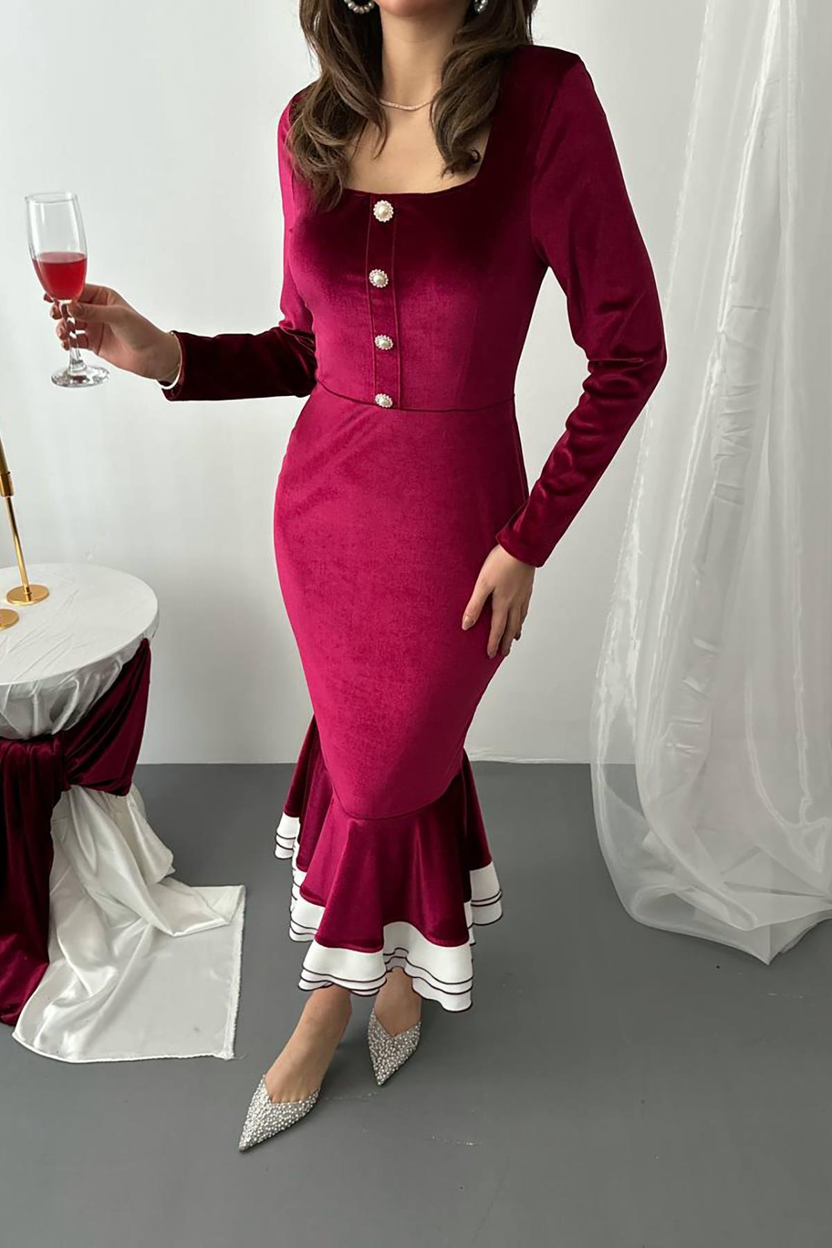 Toptan Bordo Alt Eteği Volanlı Kadife Elbise