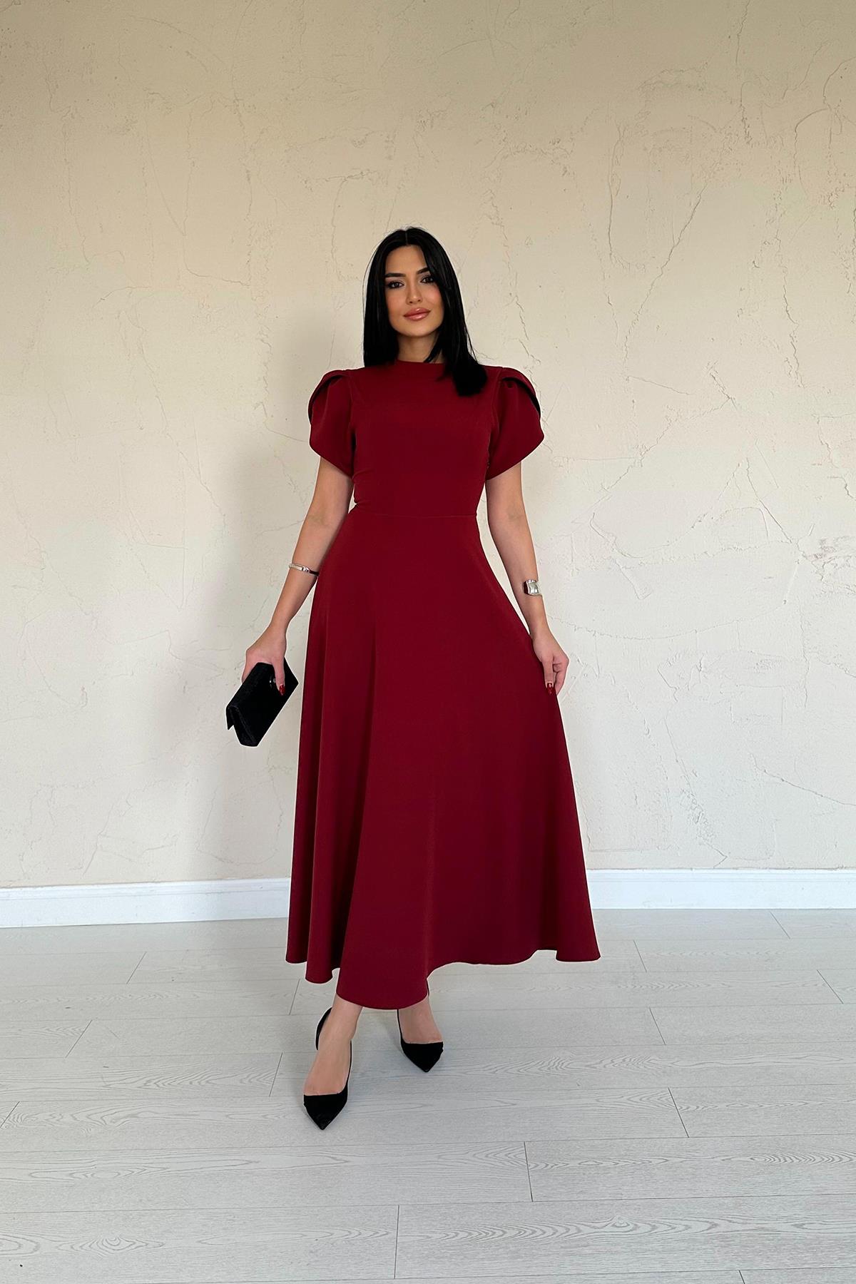 Toptan Bordo Arkası Fiyonk Garnili Britli Elbise Bordo L