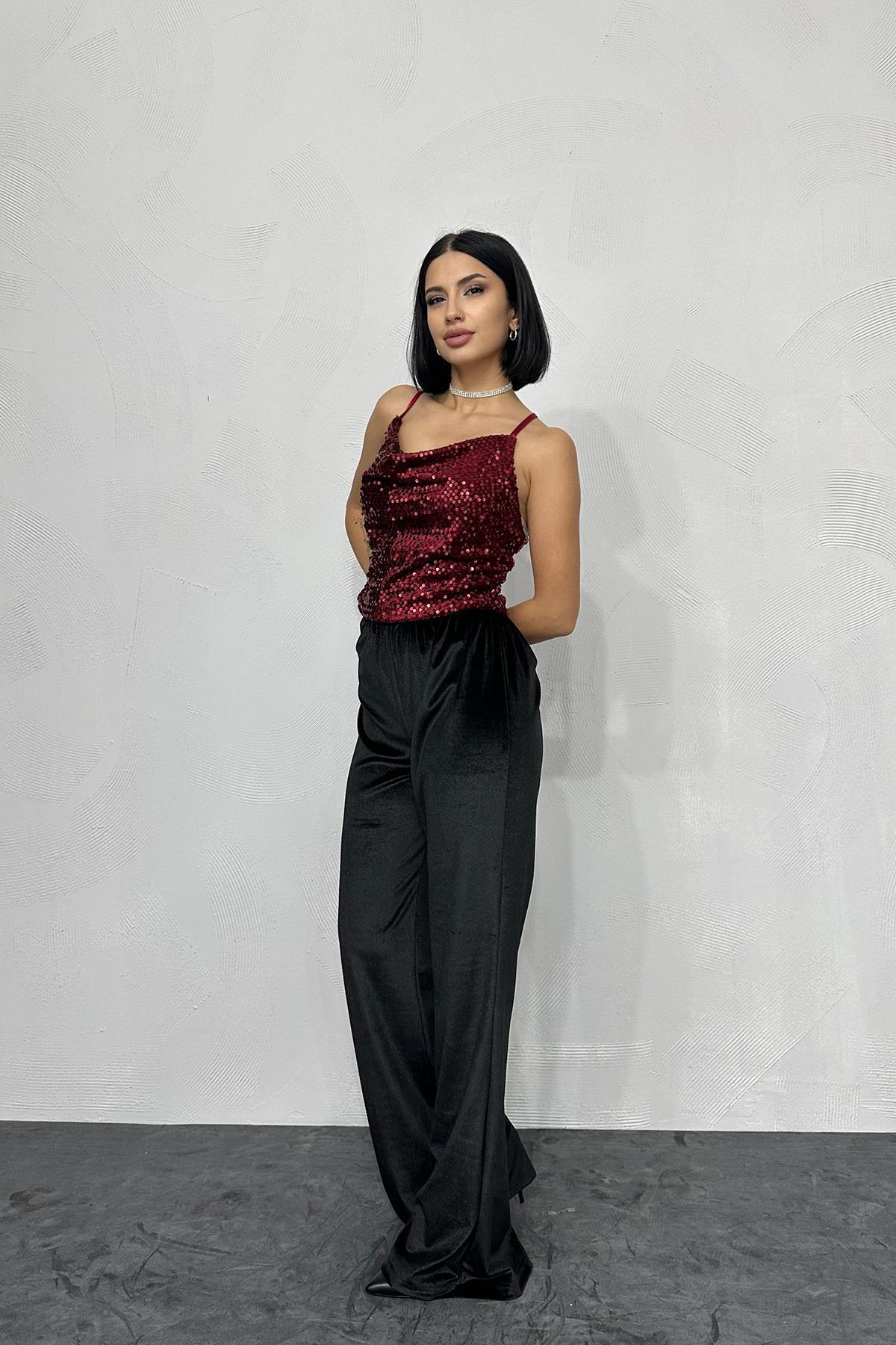 Toptan Bordo Askılı Degaje Bluz