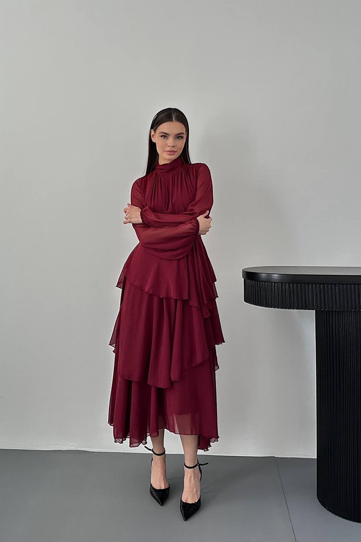 Toptan Bordo Bel Detaylı Elbise Bordo L