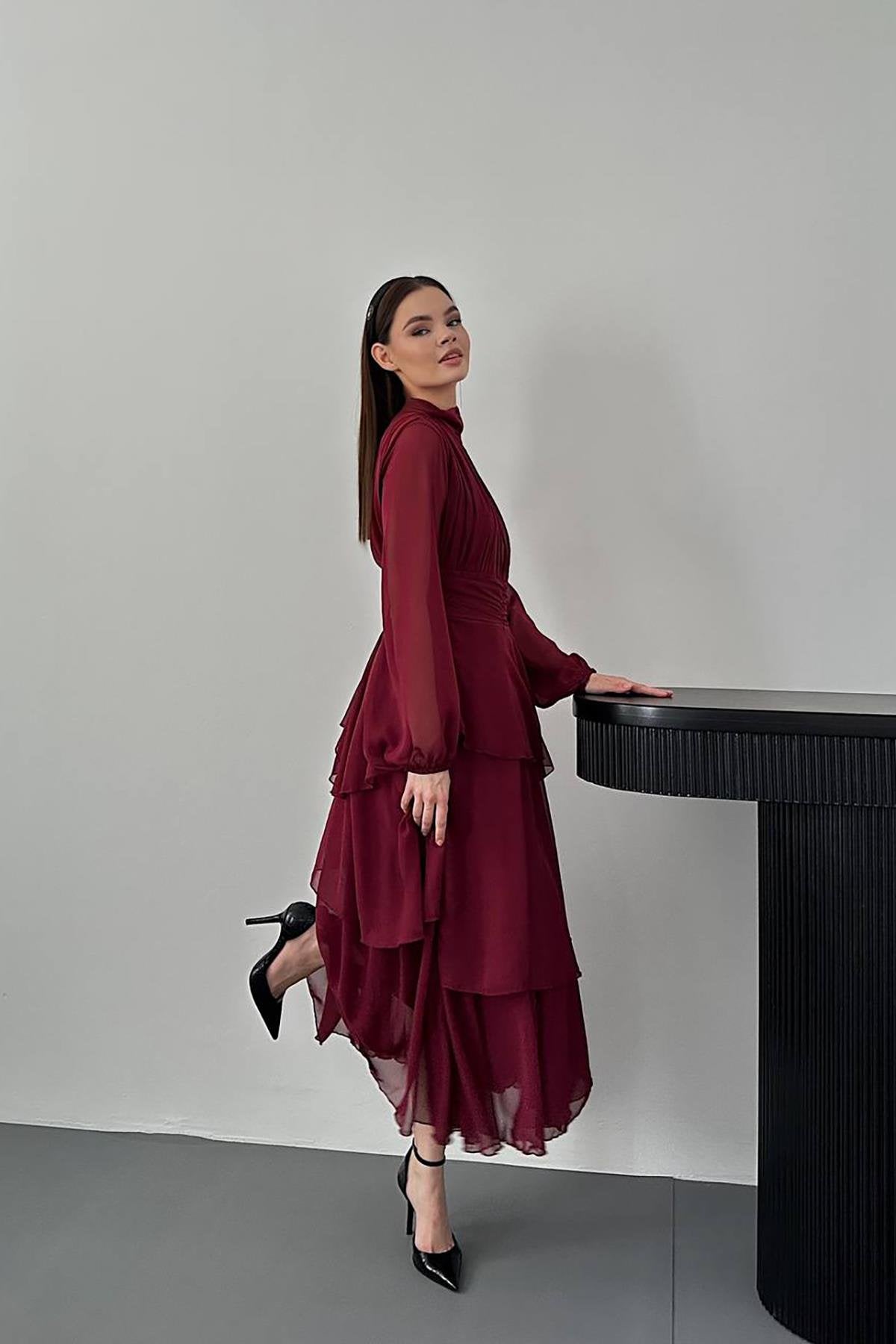 Toptan Bordo Bel Detaylı Elbise