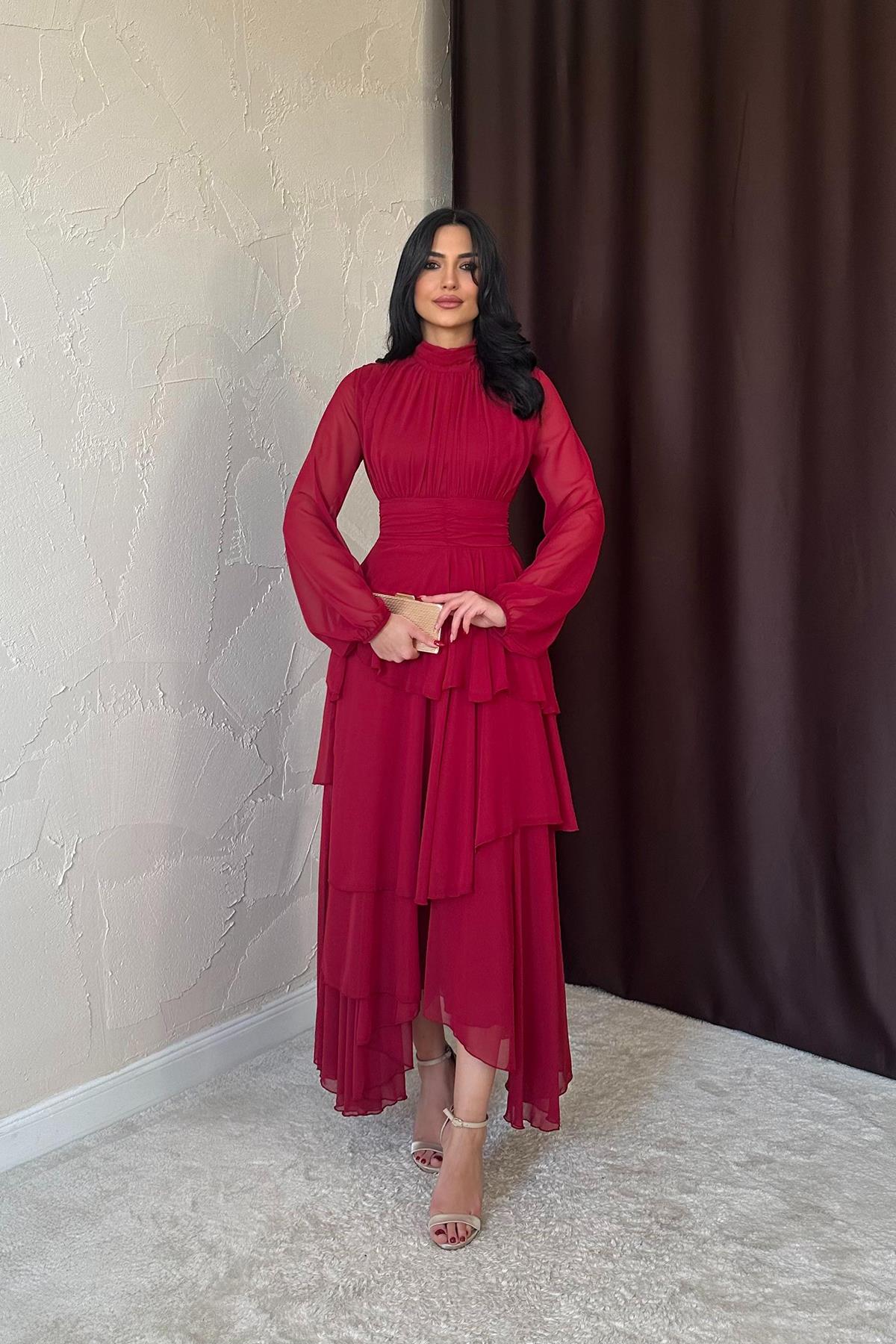 Toptan Bordo Bel Detaylı Elbise