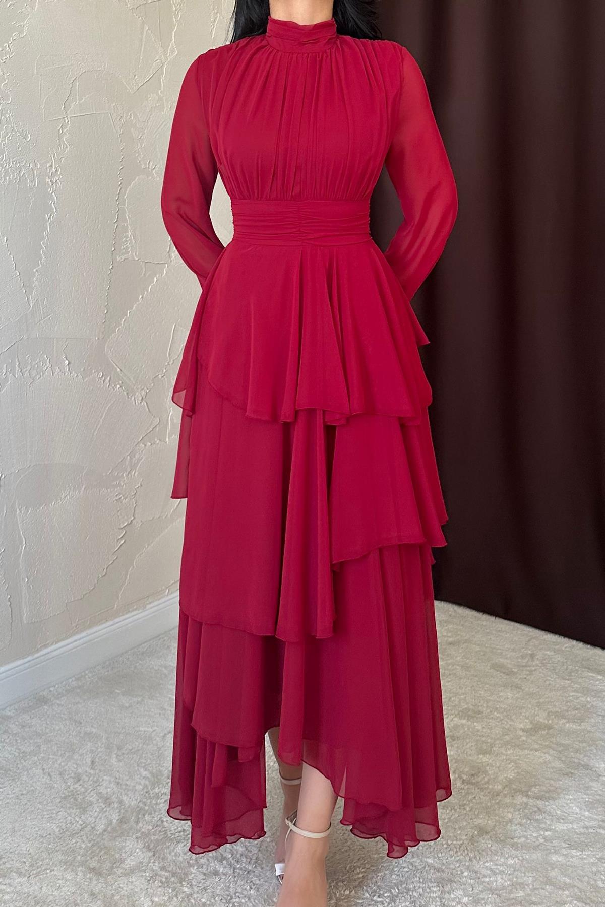 Toptan Bordo Bel Detaylı Elbise