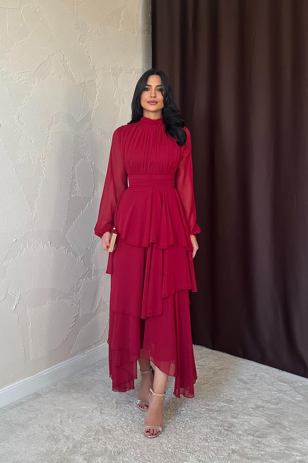 Toptan Bordo Bel Detaylı Elbise Bordo L