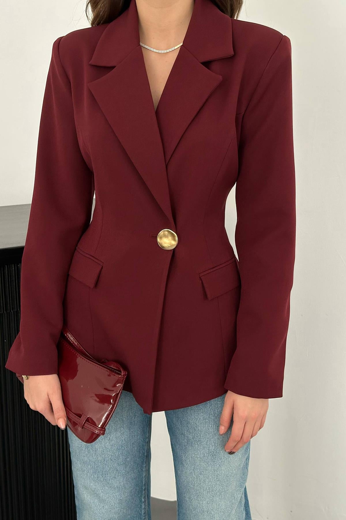 Bordo Belden Oturtmalı Blazer Ceket