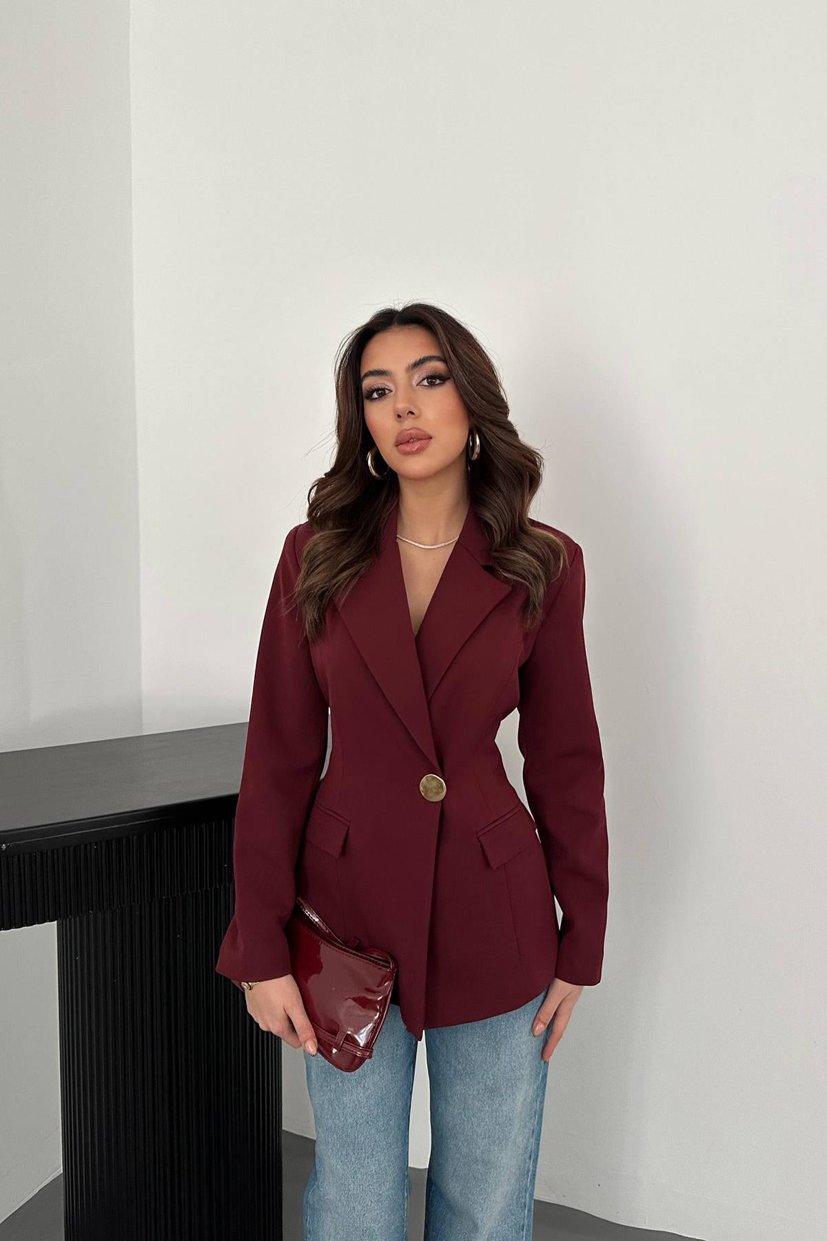 Bordo Belden Oturtmalı Blazer Ceket