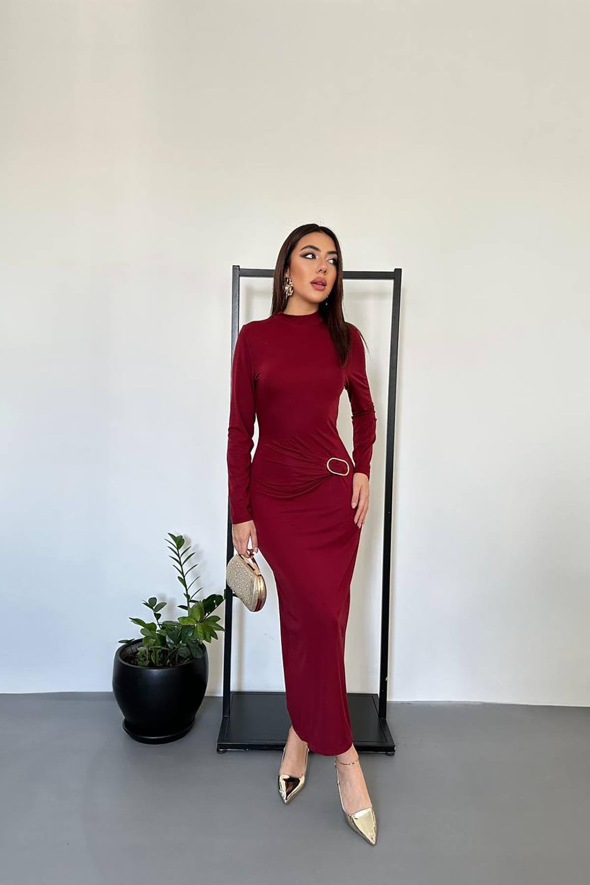Toptan Bordo Beli Tokalı Elbise