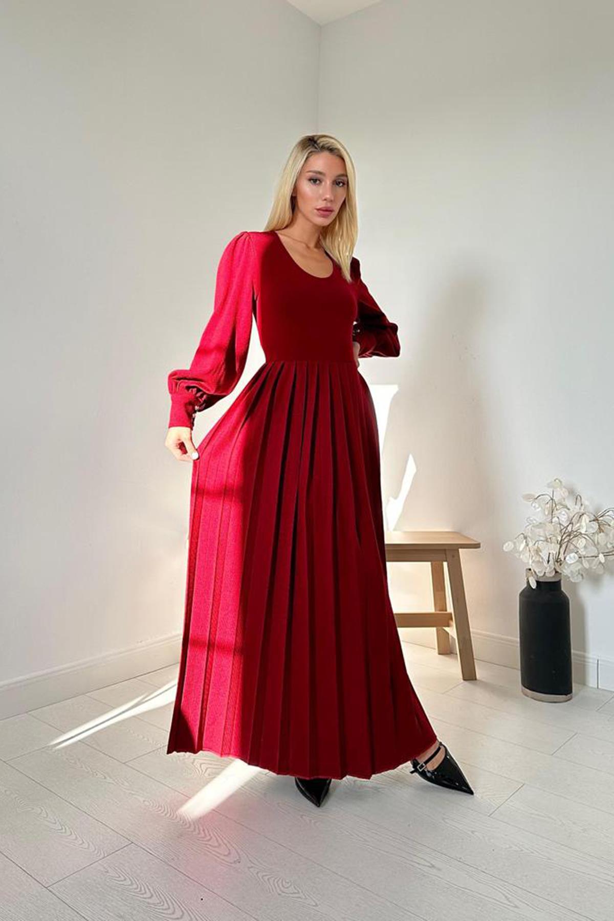 Toptan Bordo Bisiklet Yaka Elbise Bordo L