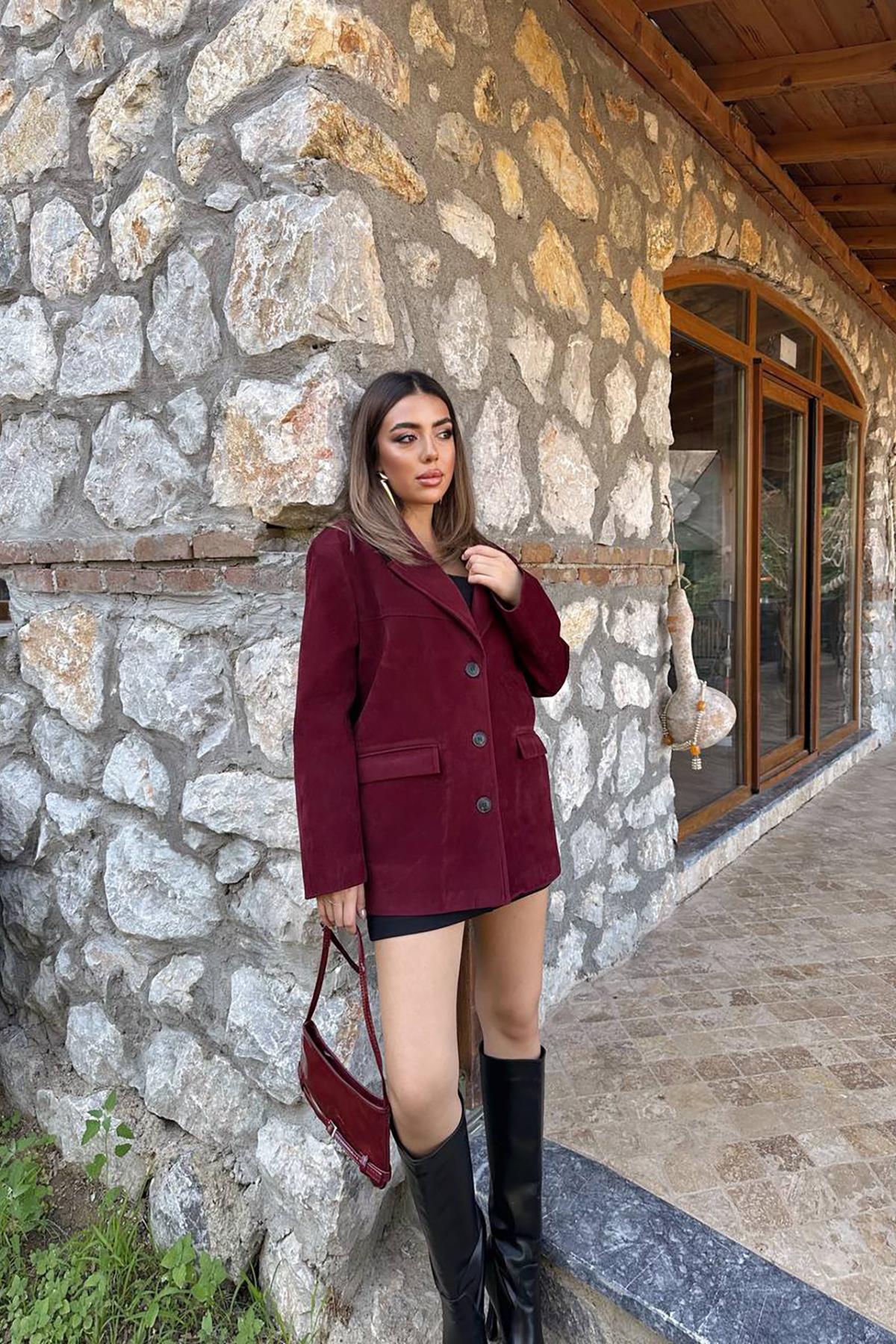 Toptan Bordo Blazer Süet Ceket