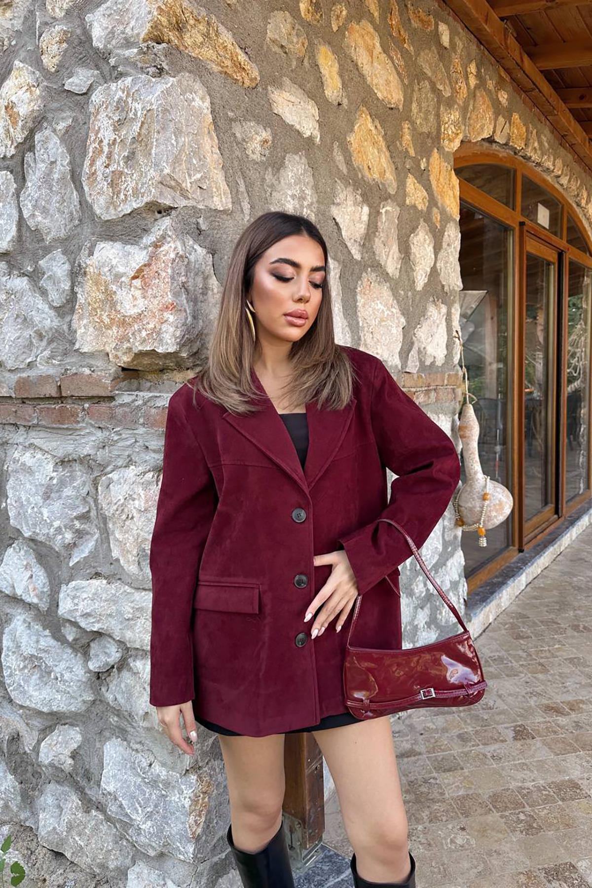 Toptan Bordo Blazer Süet Ceket Bordo L