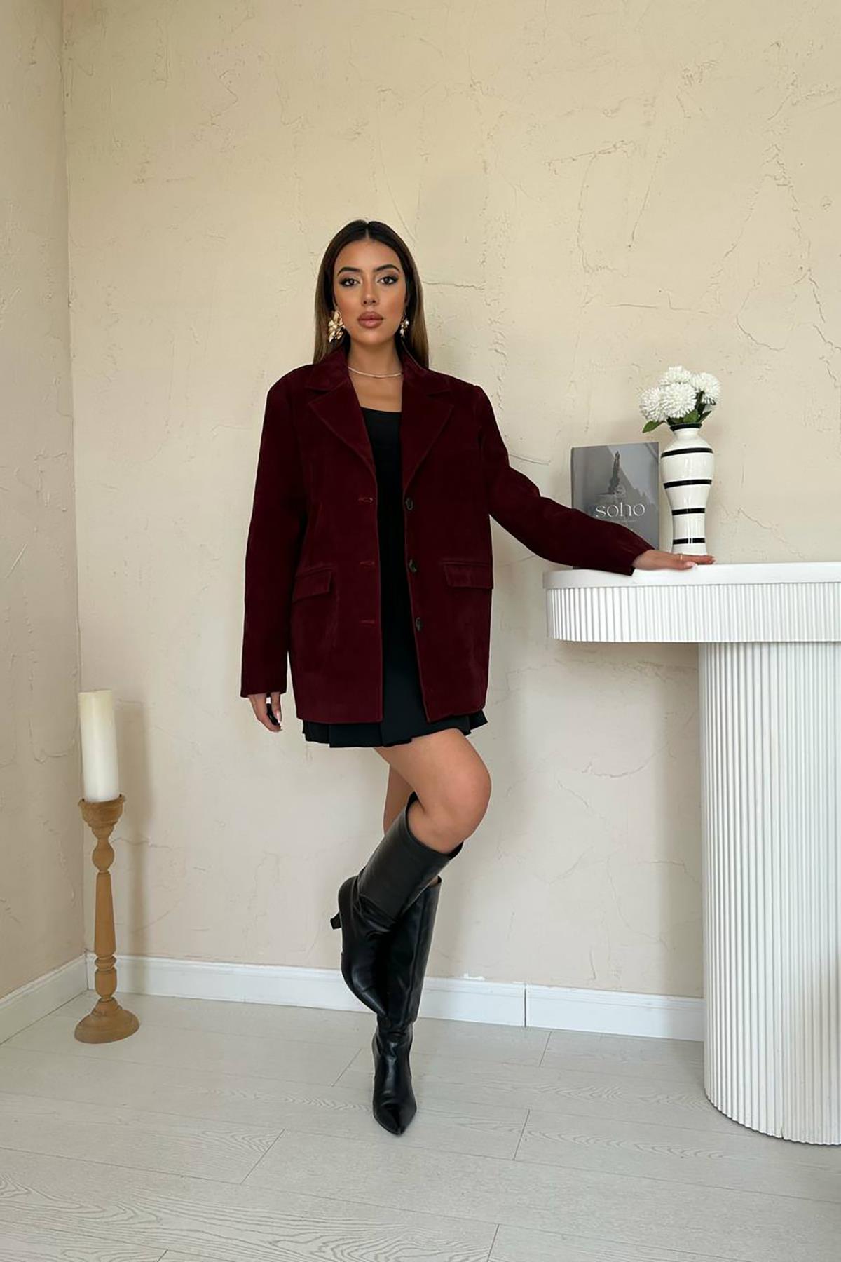 Toptan Bordo Blazer Süet Ceket Bordo L