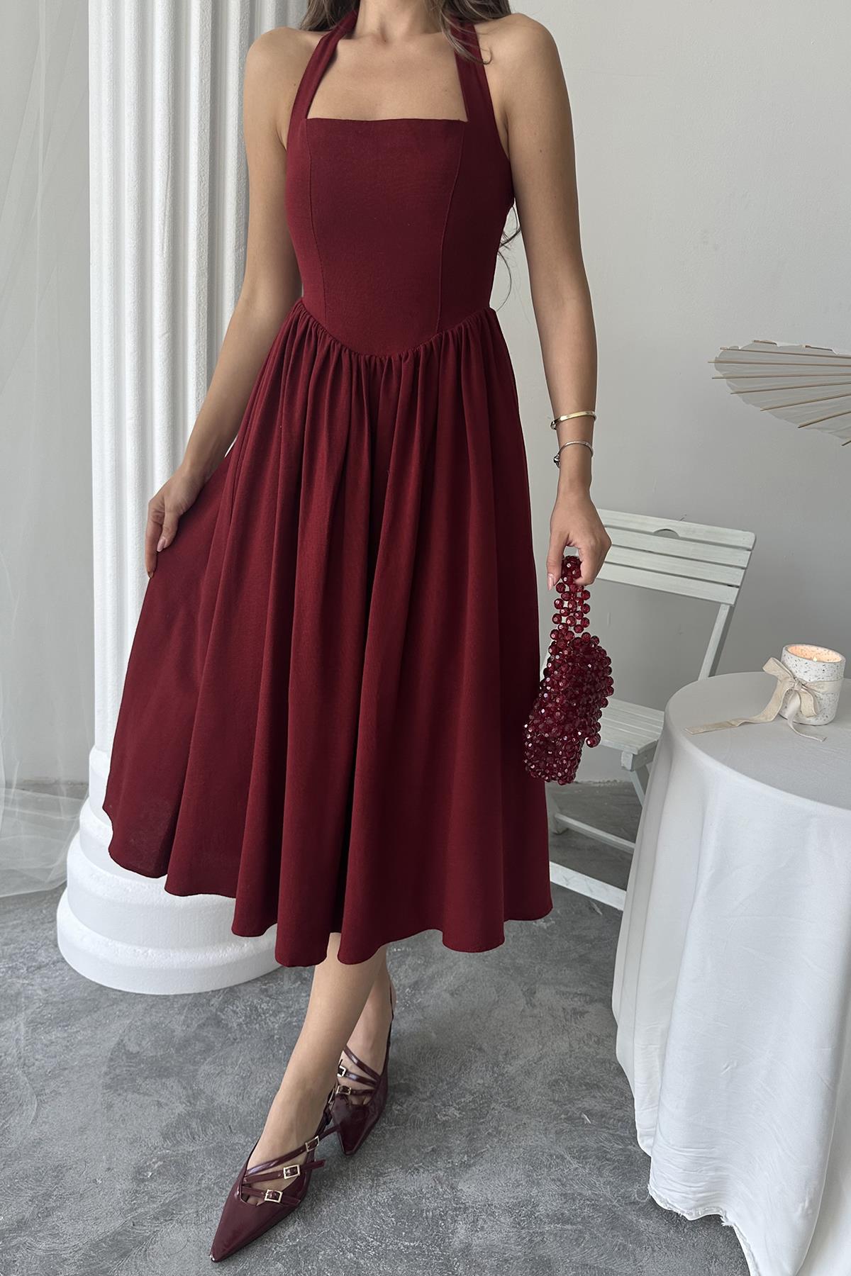 Toptan Bordo Boyundan Bağlamalı Keten Elbise