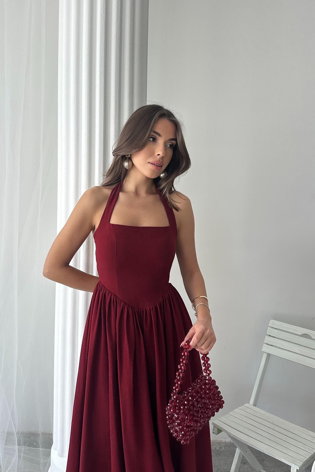 Toptan Bordo Boyundan Bağlamalı Keten Elbise