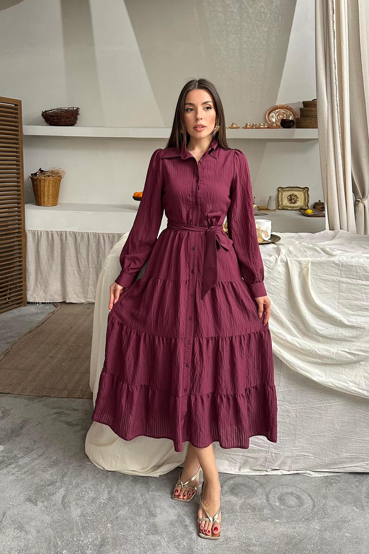 Toptan Bordo Çizgi Desenli Uzun Elbise Bordo L
