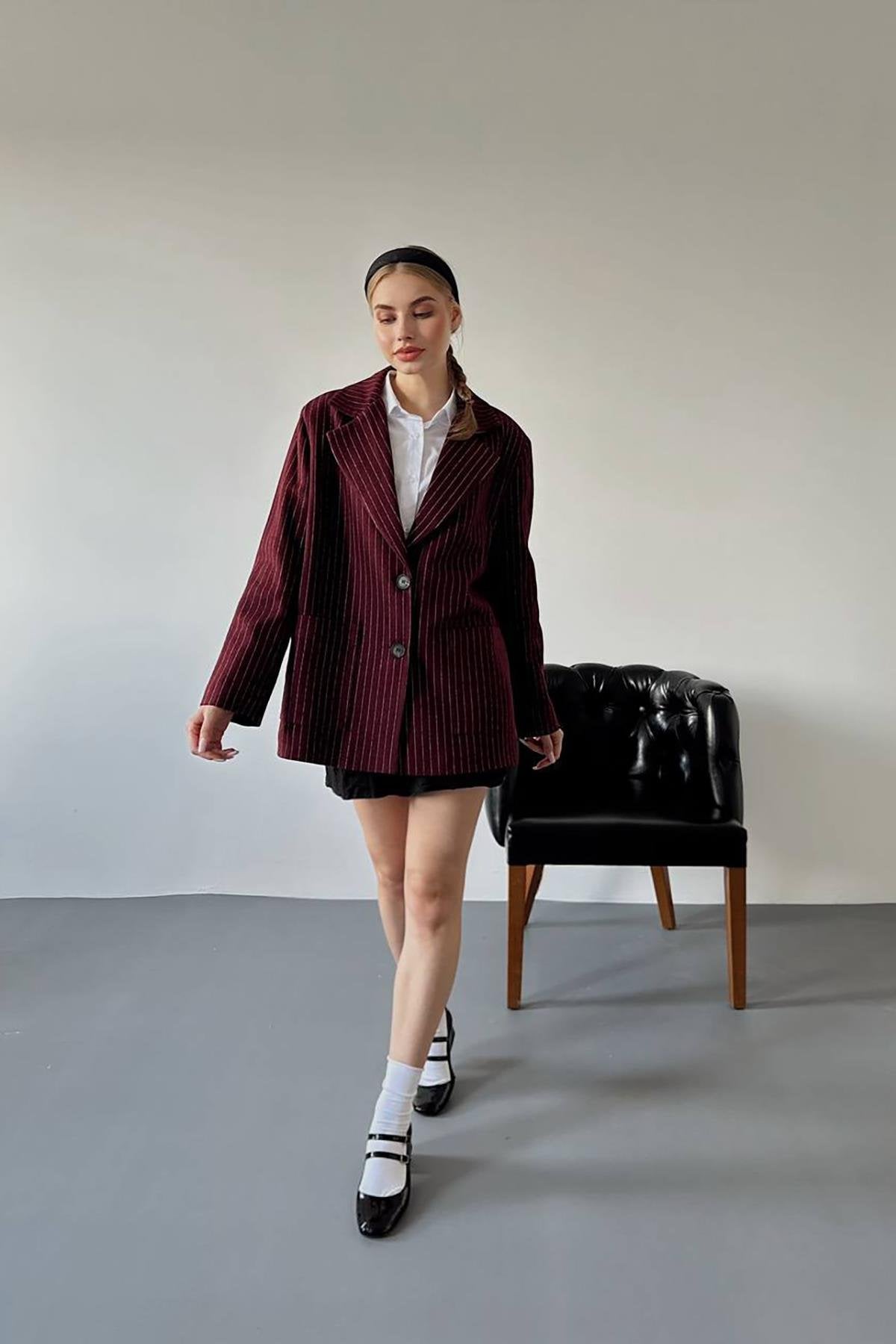 Toptan Bordo Çizgili Oversize Ceket