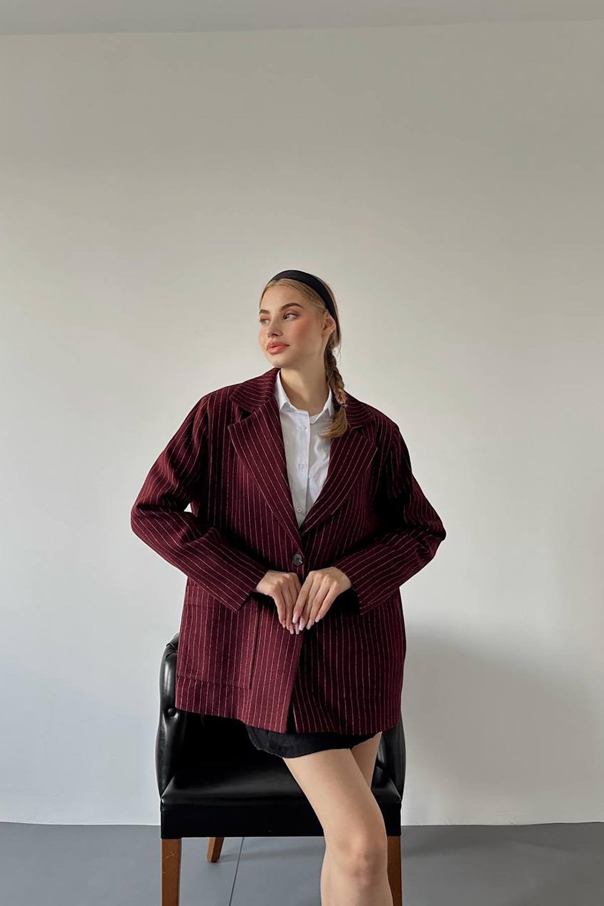 Toptan Bordo Çizgili Oversize Ceket Bordo L