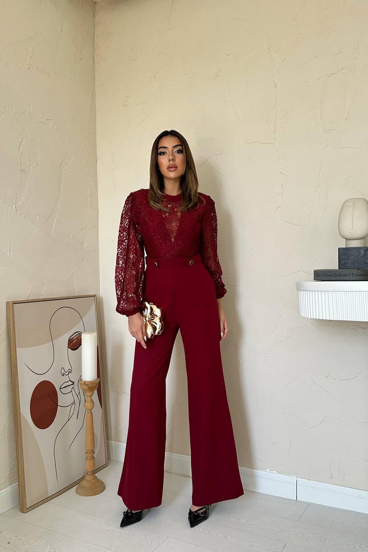 Toptan Bordo Dantelli Apoletli Tulum Bordo L