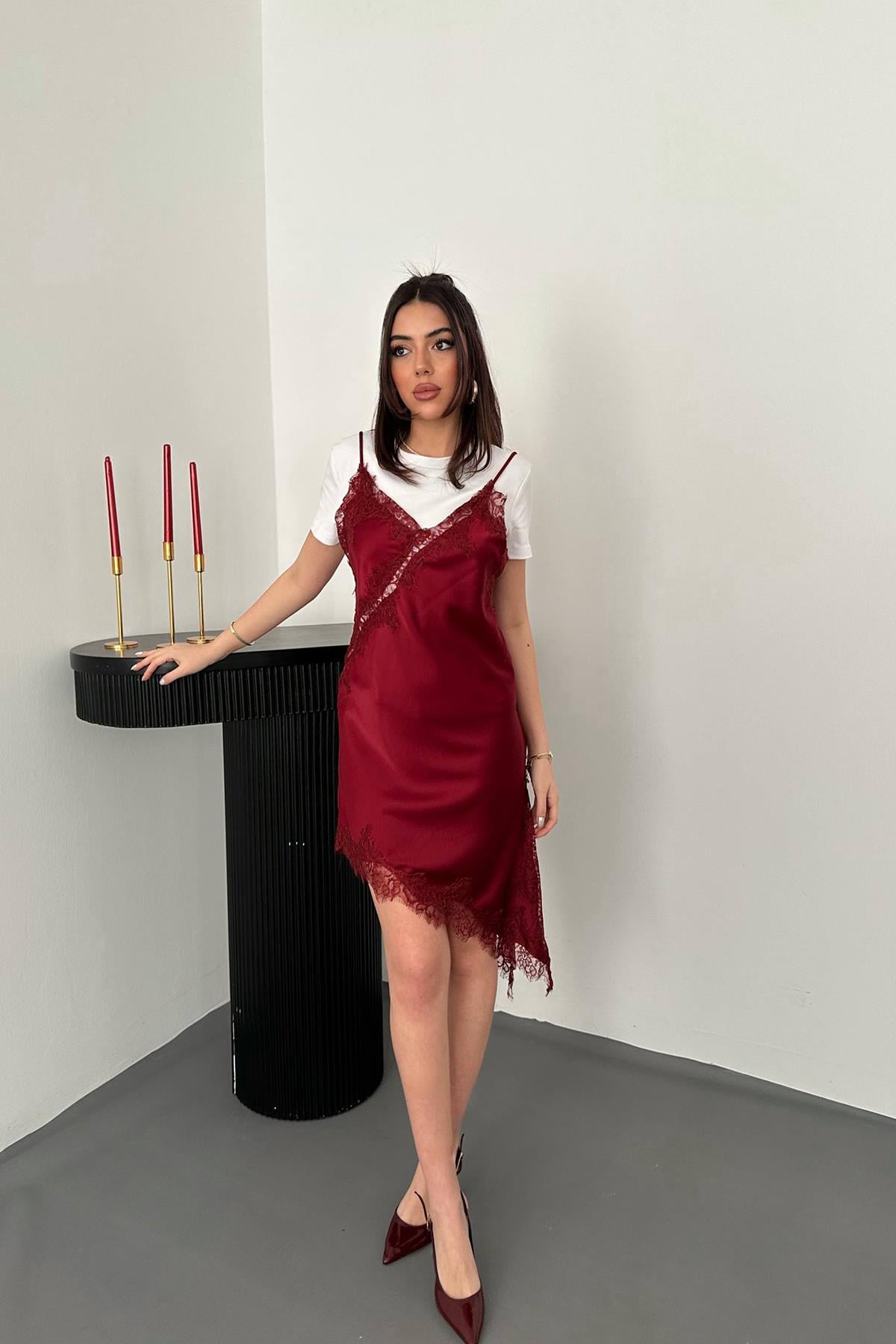 Bordo Dantelli Elbise