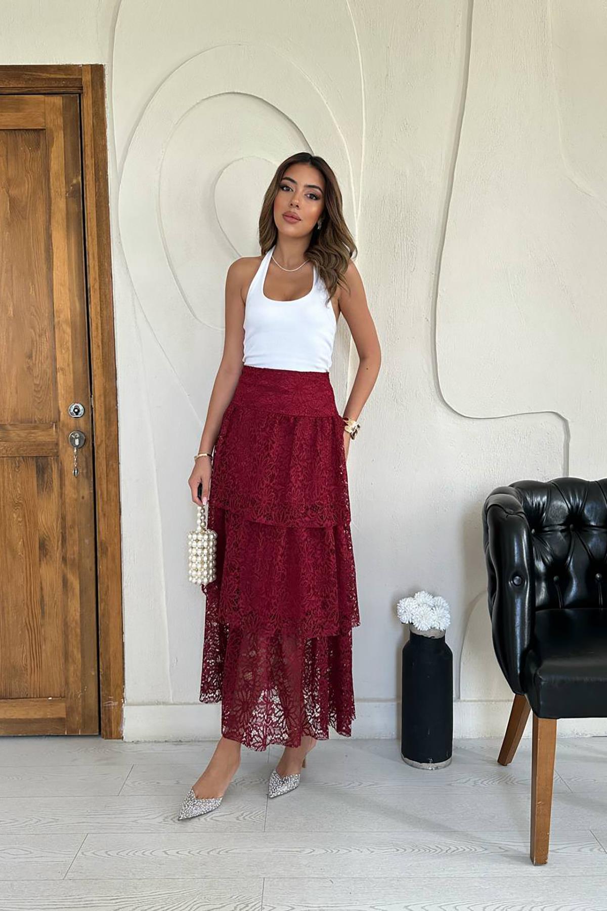 Toptan Bordo Dantelli Kat Kat Etek