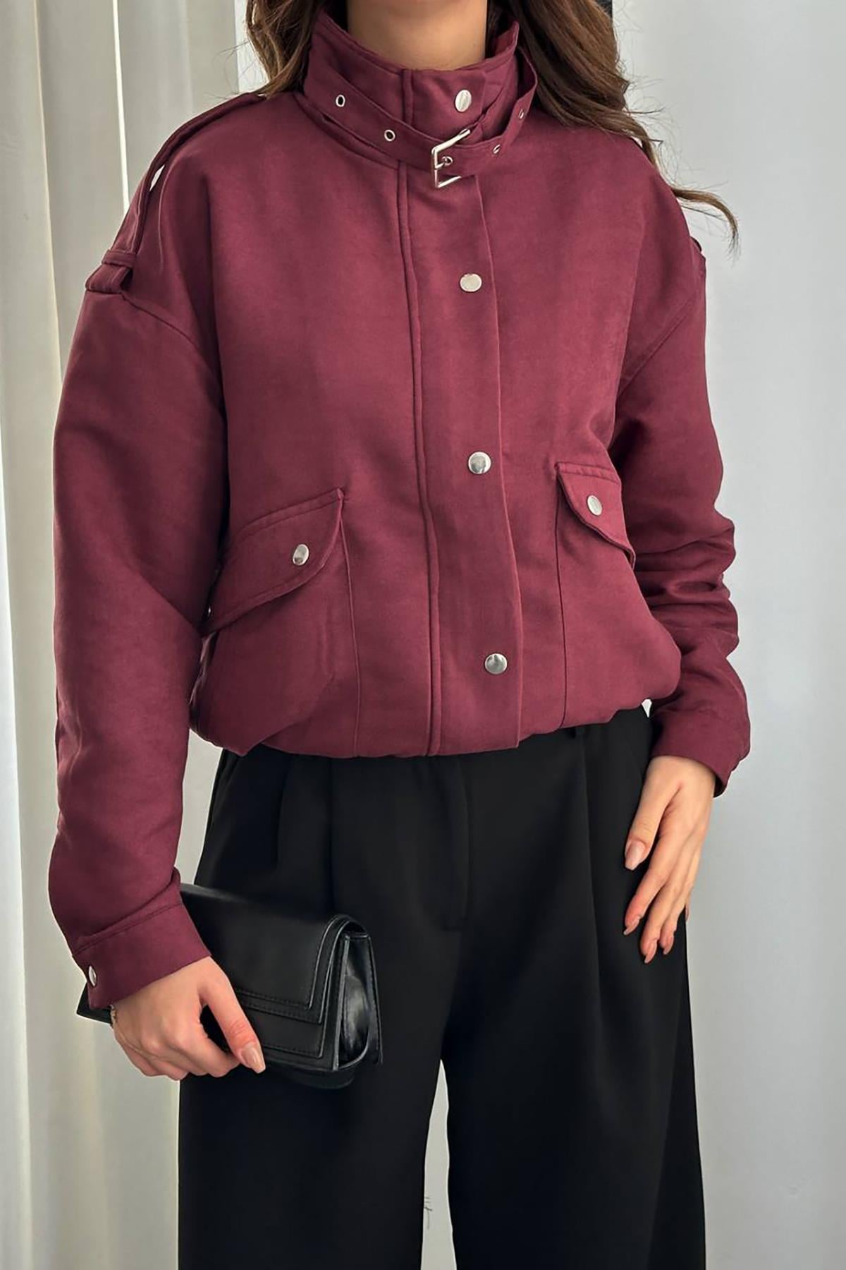 Bordo Dik Yakalı Kısa Ceket