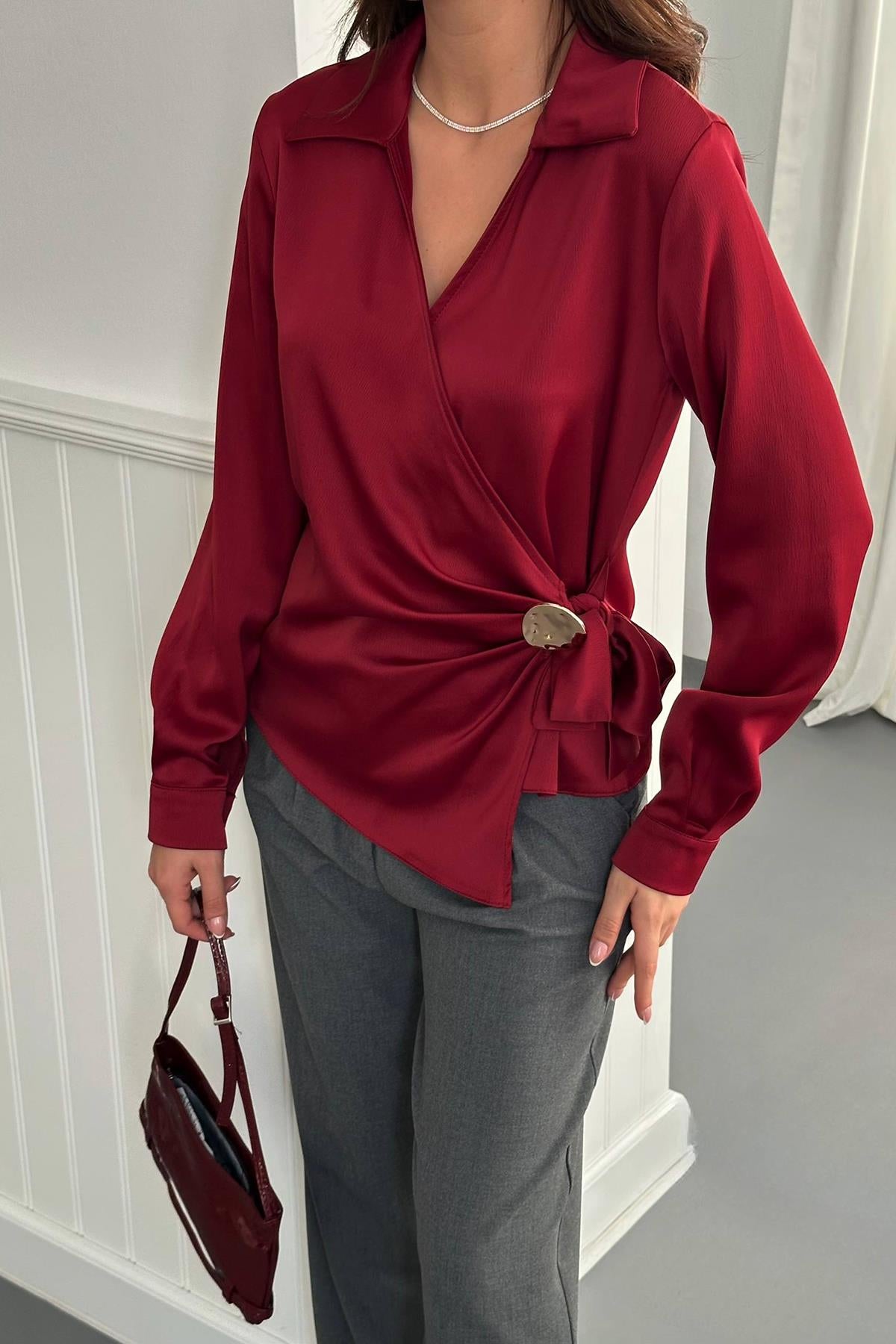 Toptan Bordo Düğme Detaylı Saten Bluz