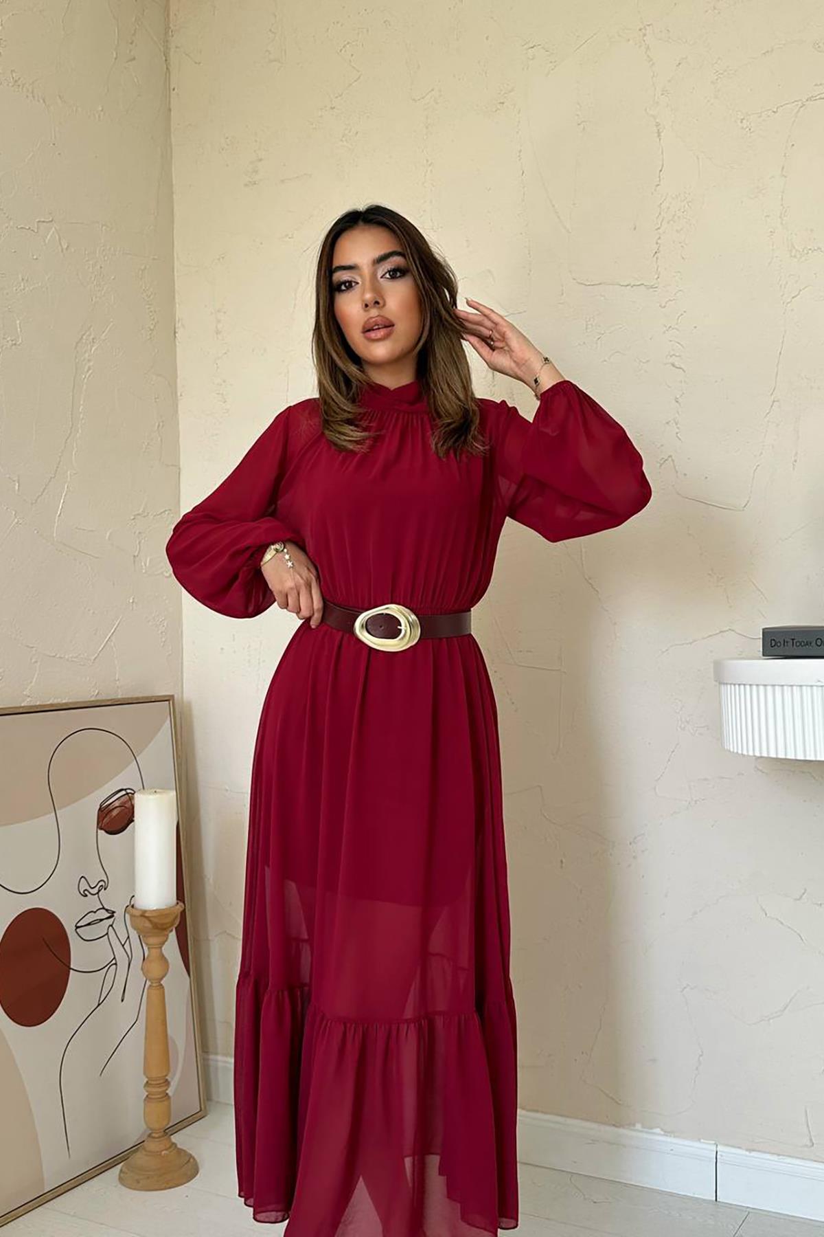 Toptan Bordo Eteği Fırfırlı Şifon Elbise