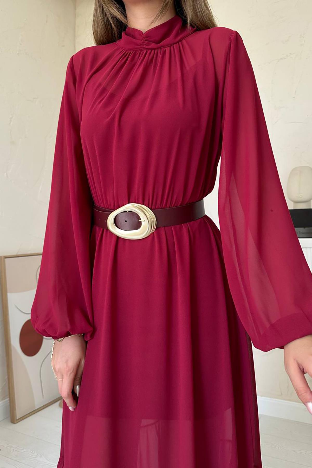 Toptan Bordo Eteği Fırfırlı Şifon Elbise