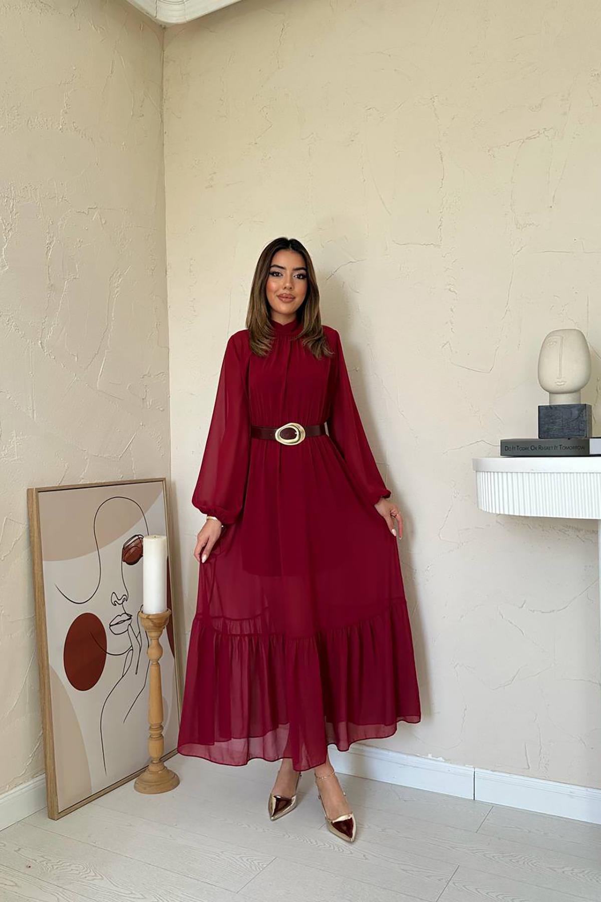 Toptan Bordo Eteği Fırfırlı Şifon Elbise Bordo L