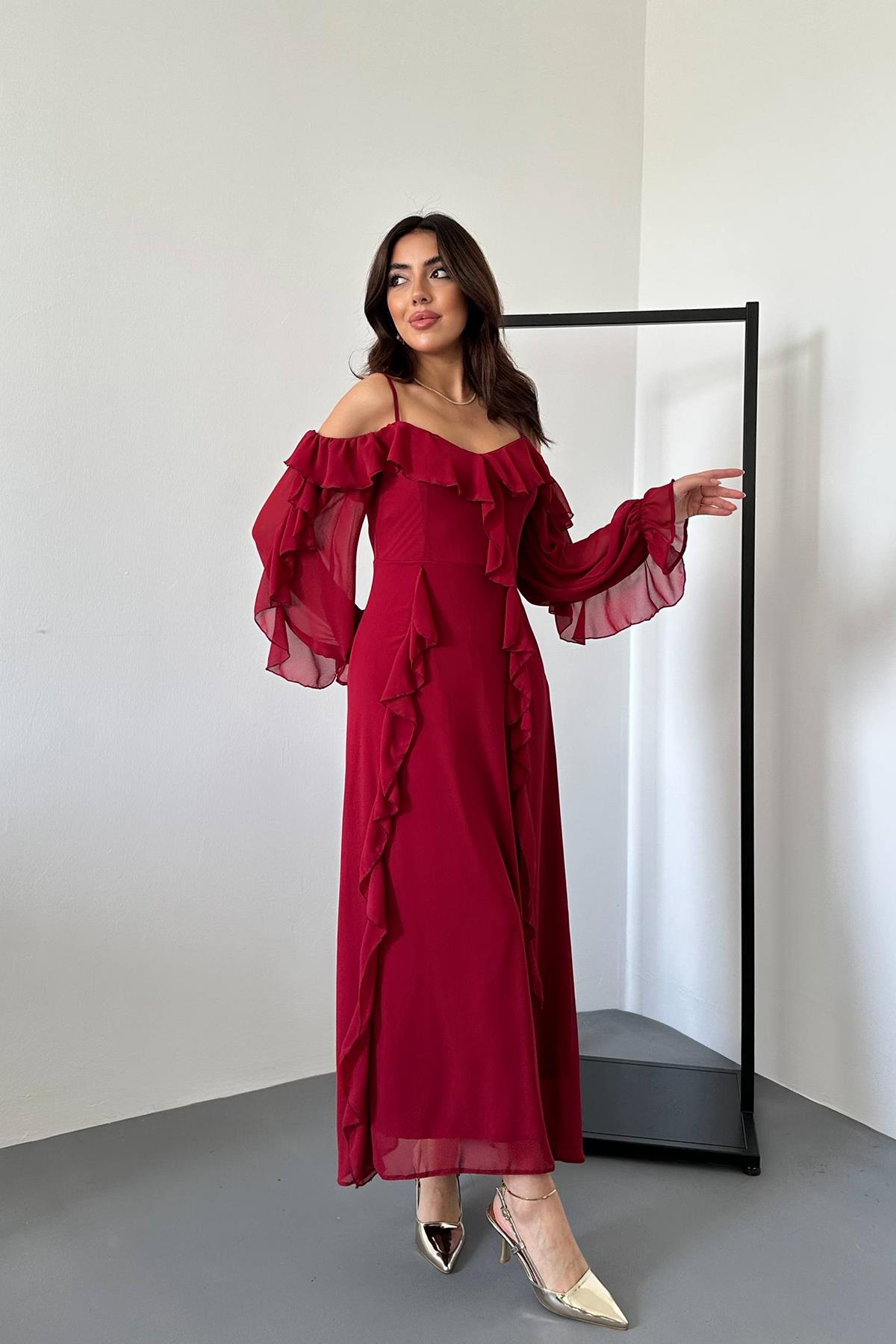 Toptan Bordo Fırfırlı Şifon Elbise Bordo L