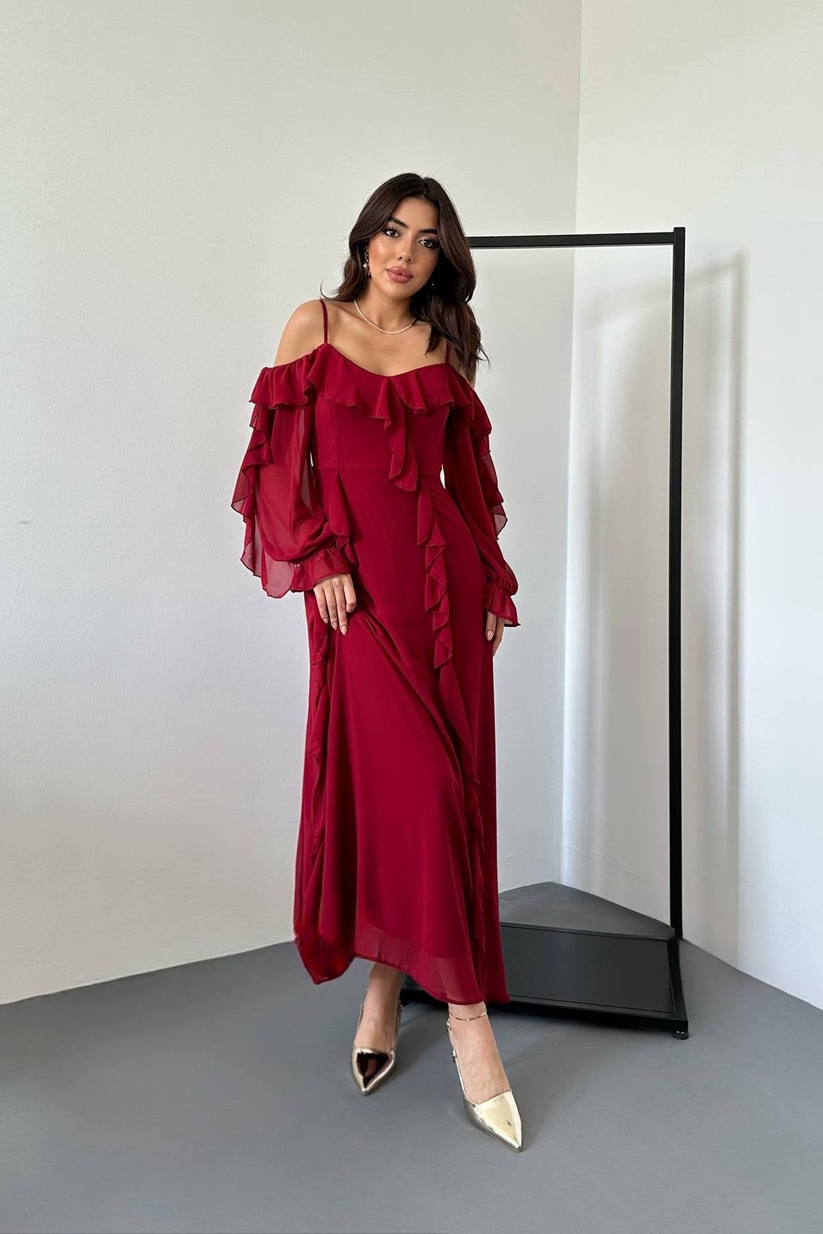 Toptan Bordo Fırfırlı Şifon Elbise