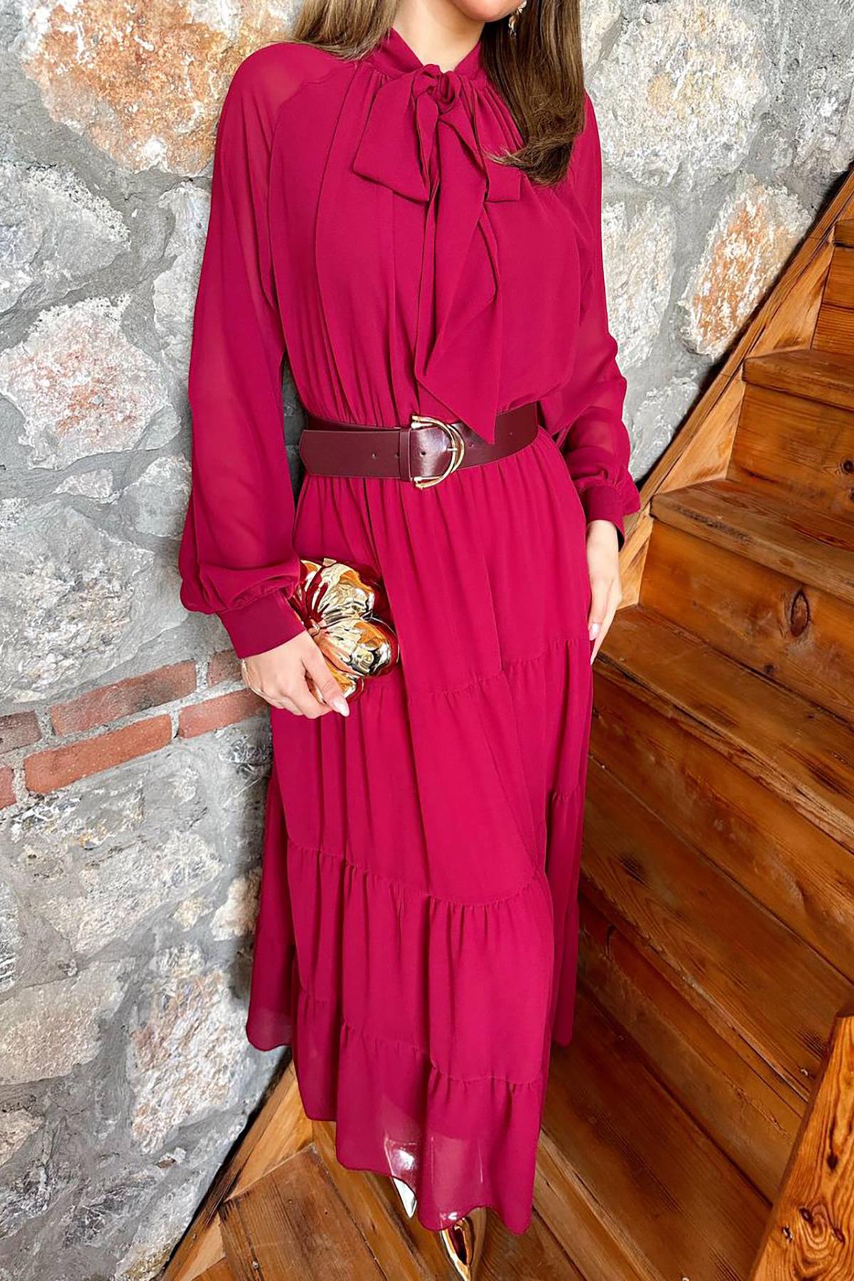 Bordo Fular Yaka Detaylı Şifon Elbise
