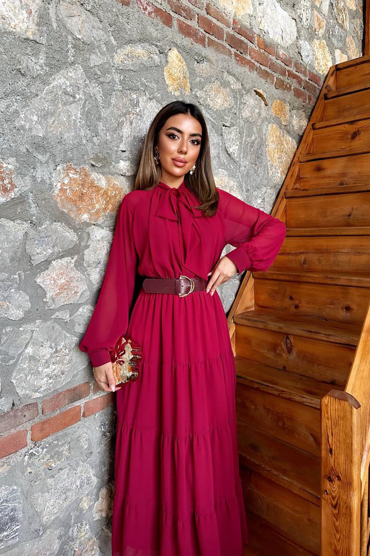 Bordo Fular Yaka Detaylı Şifon Elbise