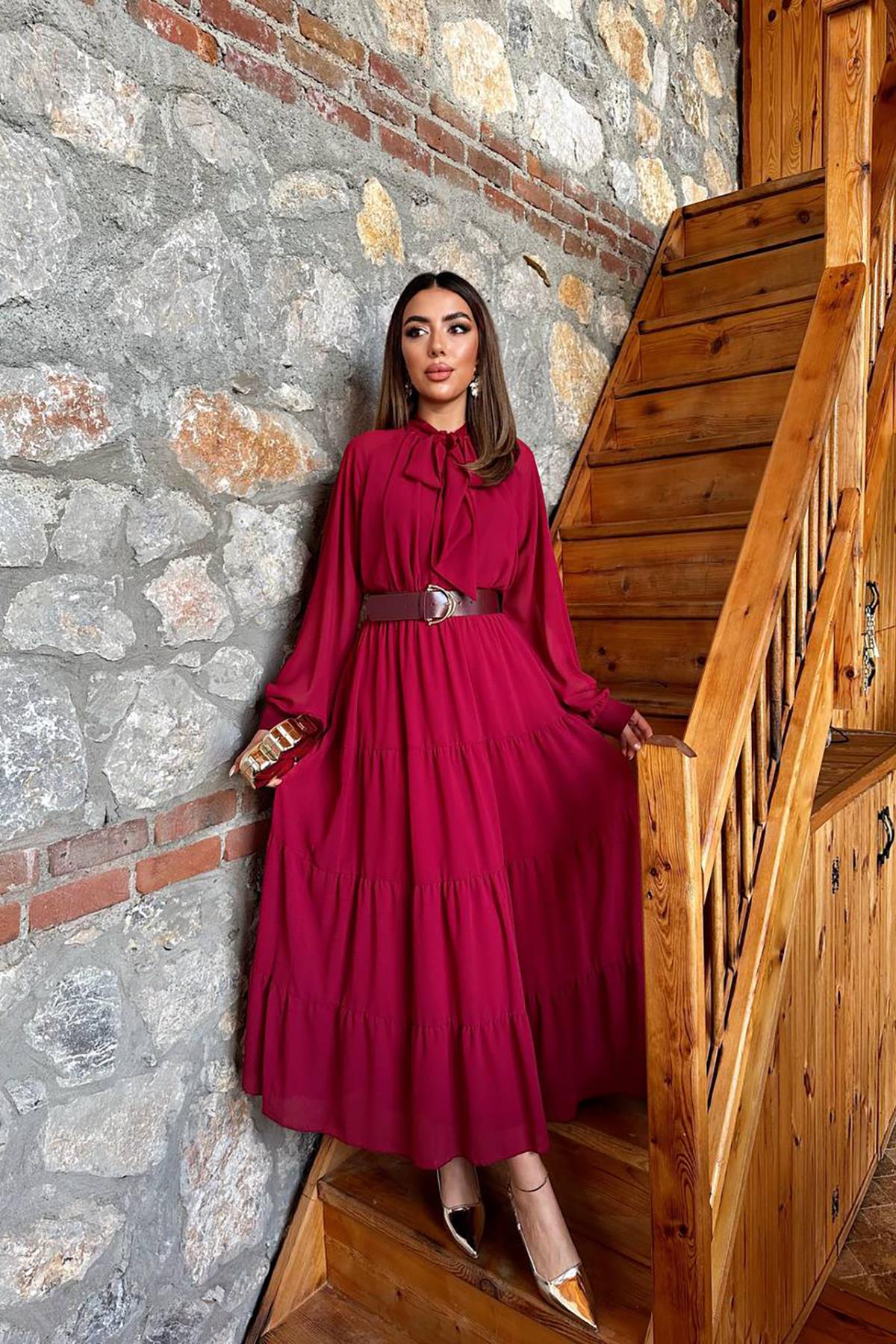 Toptan Bordo Fular Yaka Detaylı Şifon Elbise Bordo L